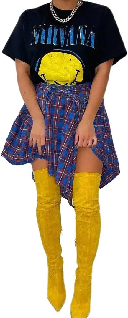cu4eve Irregular Hem Plaid Skirts for Women Casual Asymmetrical Pleated Elastic Midi Short Skirt