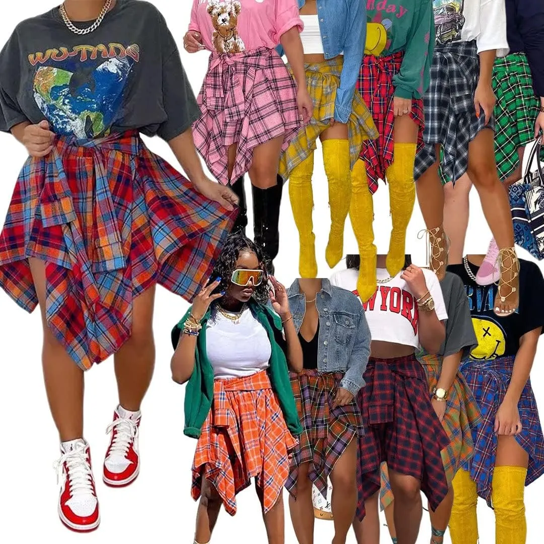 cu4eve Irregular Hem Plaid Skirts for Women Casual Asymmetrical Pleated Elastic Midi Short Skirt