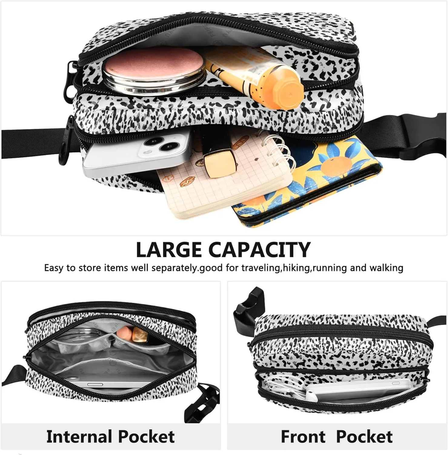 Custom Animal Print Black White Fanny Pack for Women Hip Pack Belt Pouch Waterproof Hiking Travel Waist Pack for Men