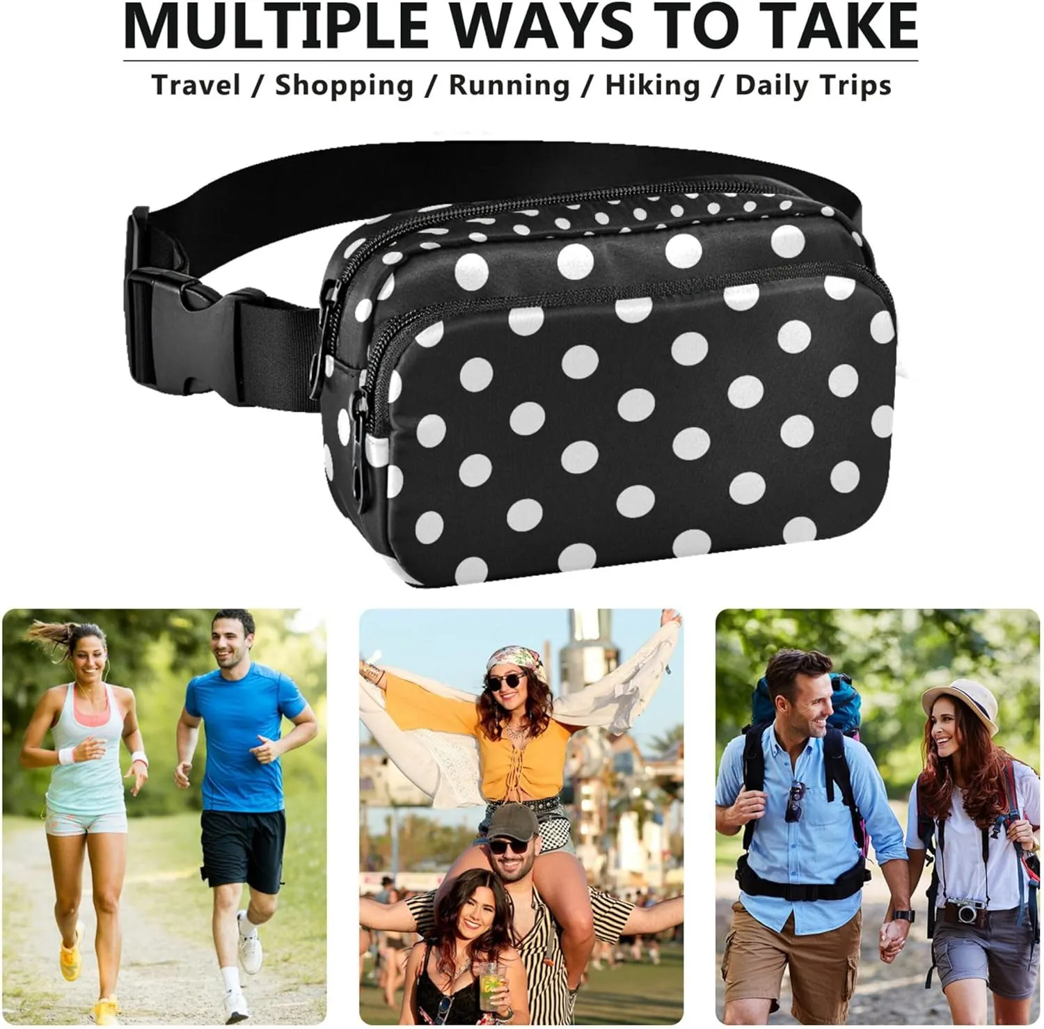 Custom Black White Dots Fanny Packs Women Waterproof Large Hip Belt Bag Colorful Crossbody Waist Pack