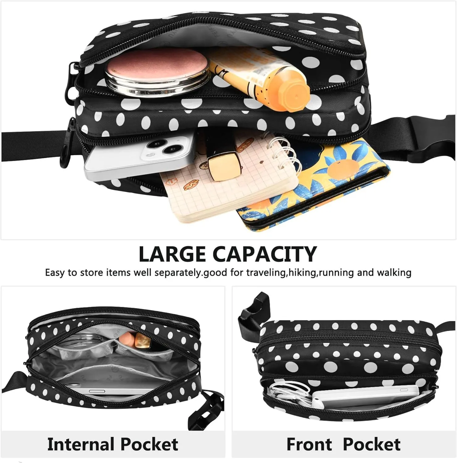Custom Black White Dots Fanny Packs Women Waterproof Large Hip Belt Bag Colorful Crossbody Waist Pack