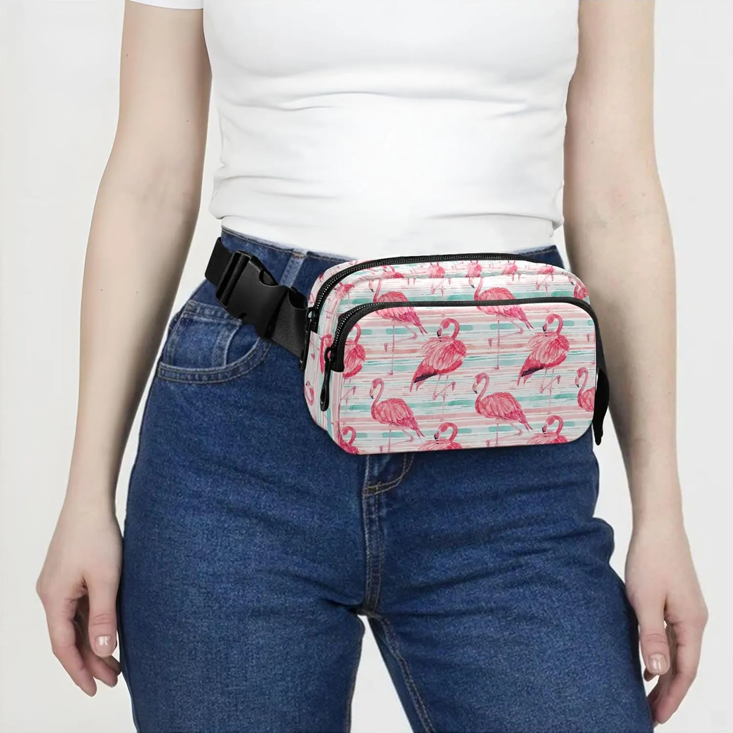 Custom Flamingos Watercolor Pink Women Fanny Pack Flower Hip Pack Belt Pouch Waterproof Travel Waist Pouch