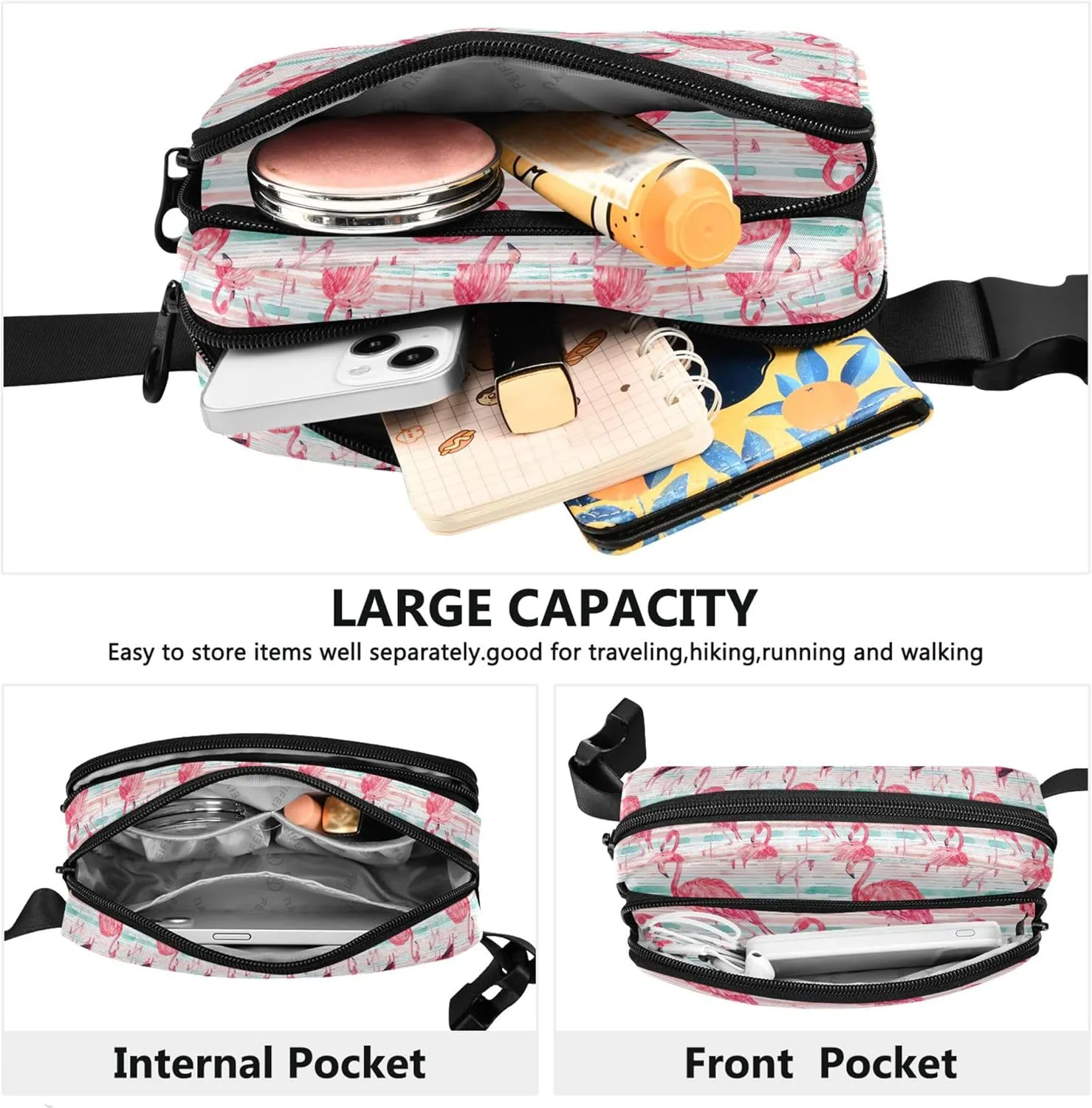 Custom Flamingos Watercolor Pink Women Fanny Pack Flower Hip Pack Belt Pouch Waterproof Travel Waist Pouch