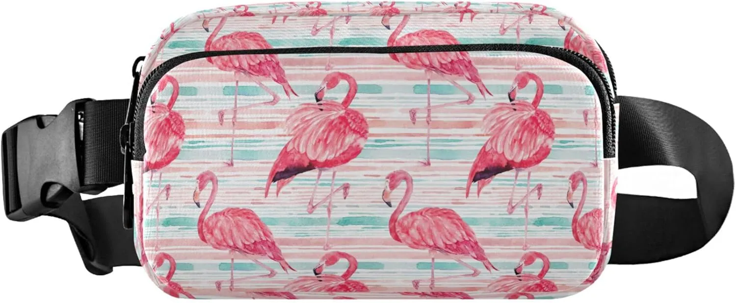 Custom Flamingos Watercolor Pink Women Fanny Pack Flower Hip Pack Belt Pouch Waterproof Travel Waist Pouch
