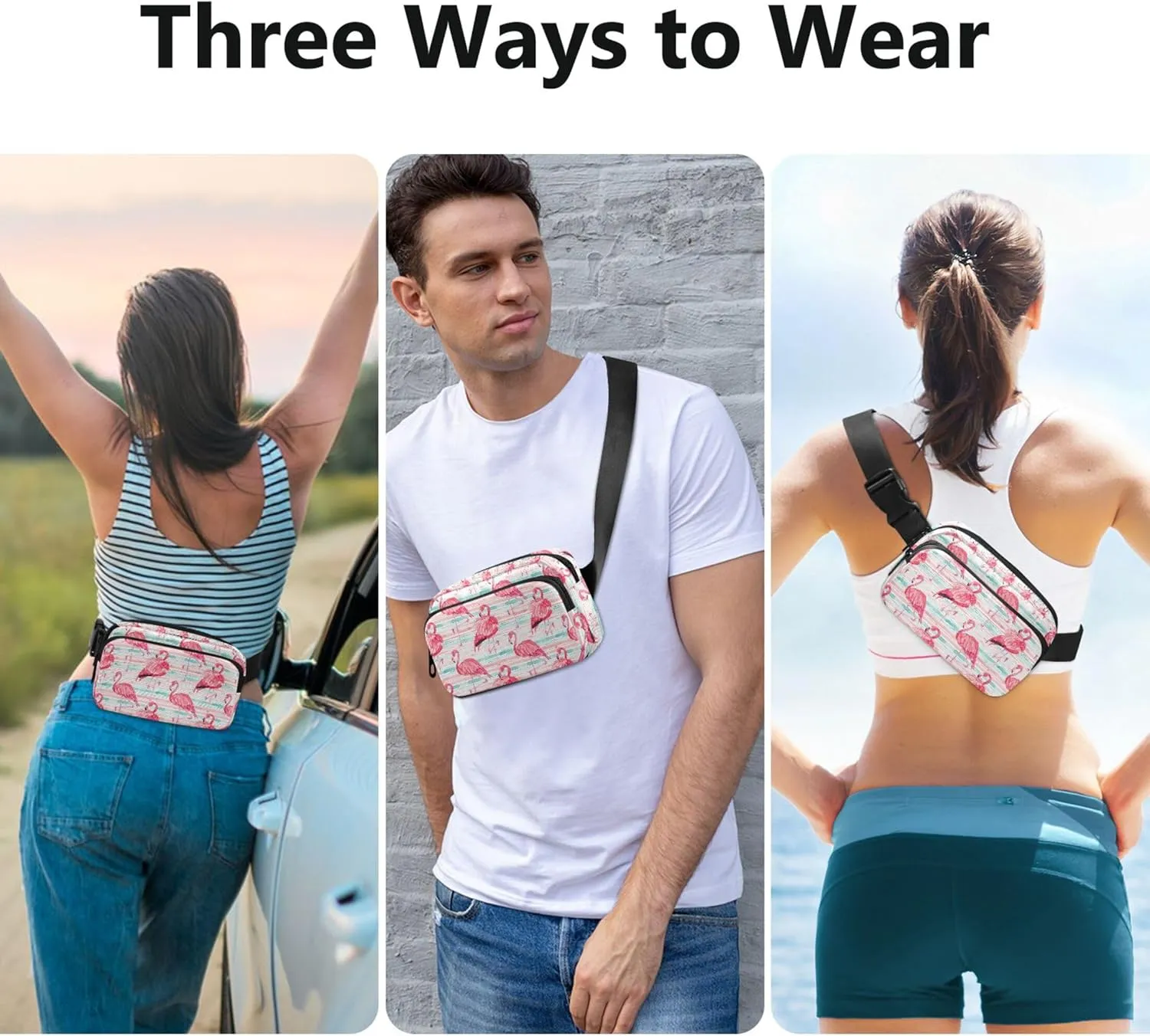Custom Flamingos Watercolor Pink Women Fanny Pack Flower Hip Pack Belt Pouch Waterproof Travel Waist Pouch