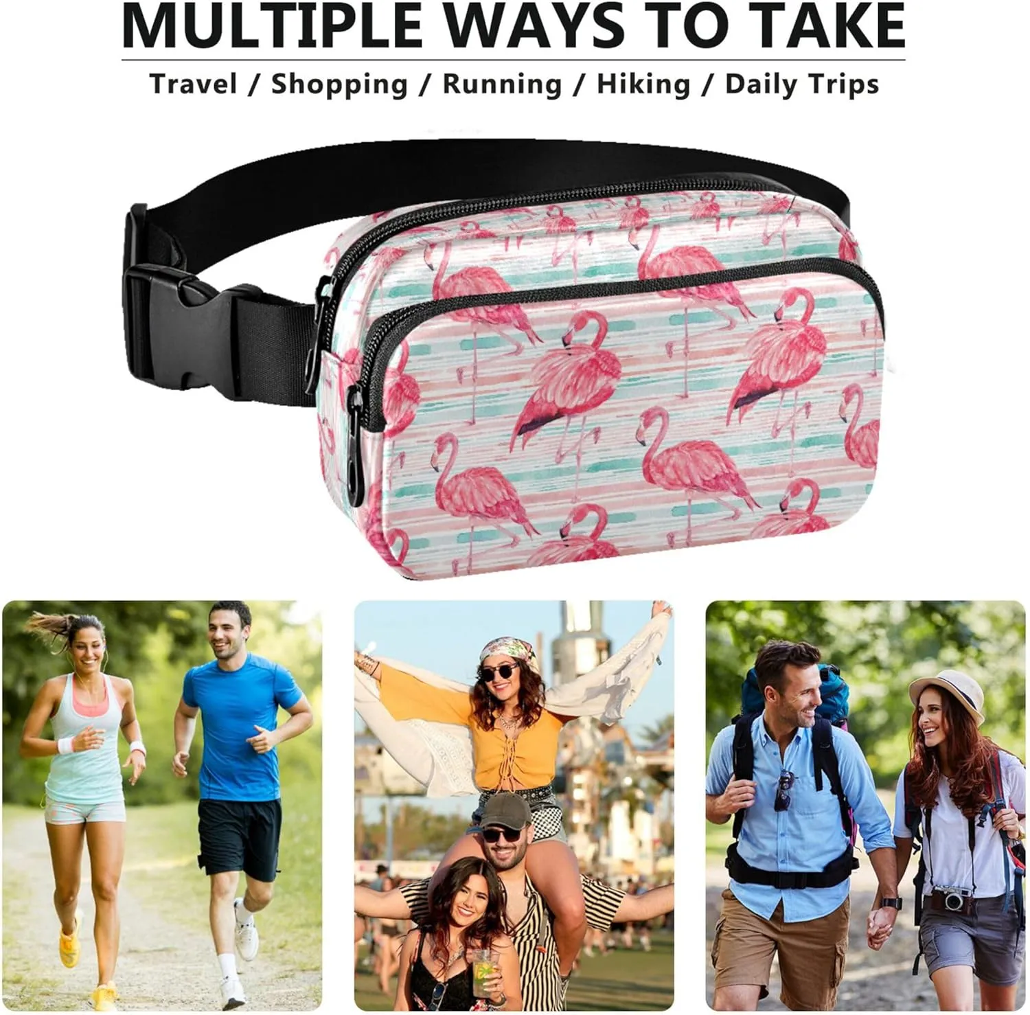 Custom Flamingos Watercolor Pink Women Fanny Pack Flower Hip Pack Belt Pouch Waterproof Travel Waist Pouch