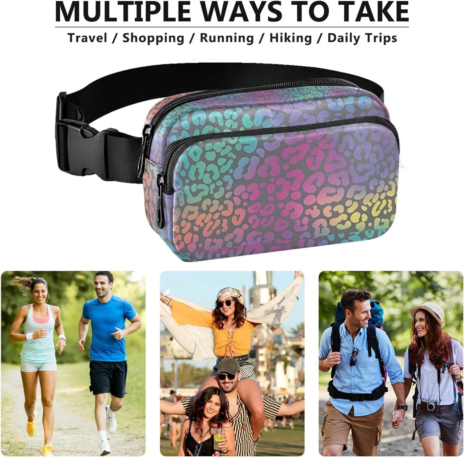 Custom Neon Leopard Rainbow Spotted Fanny Pack for Women Hiking Belt Bag Hip Pouch Waterproof Travel Waist Pack for Men
