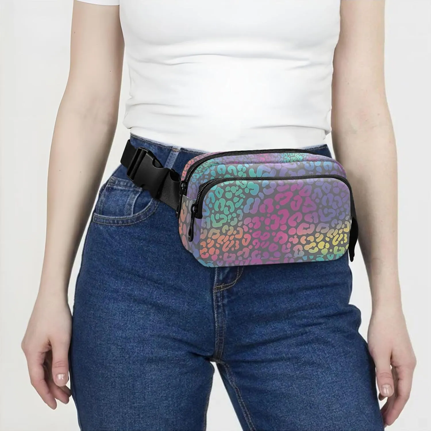 Custom Neon Leopard Rainbow Spotted Fanny Pack for Women Hiking Belt Bag Hip Pouch Waterproof Travel Waist Pack for Men