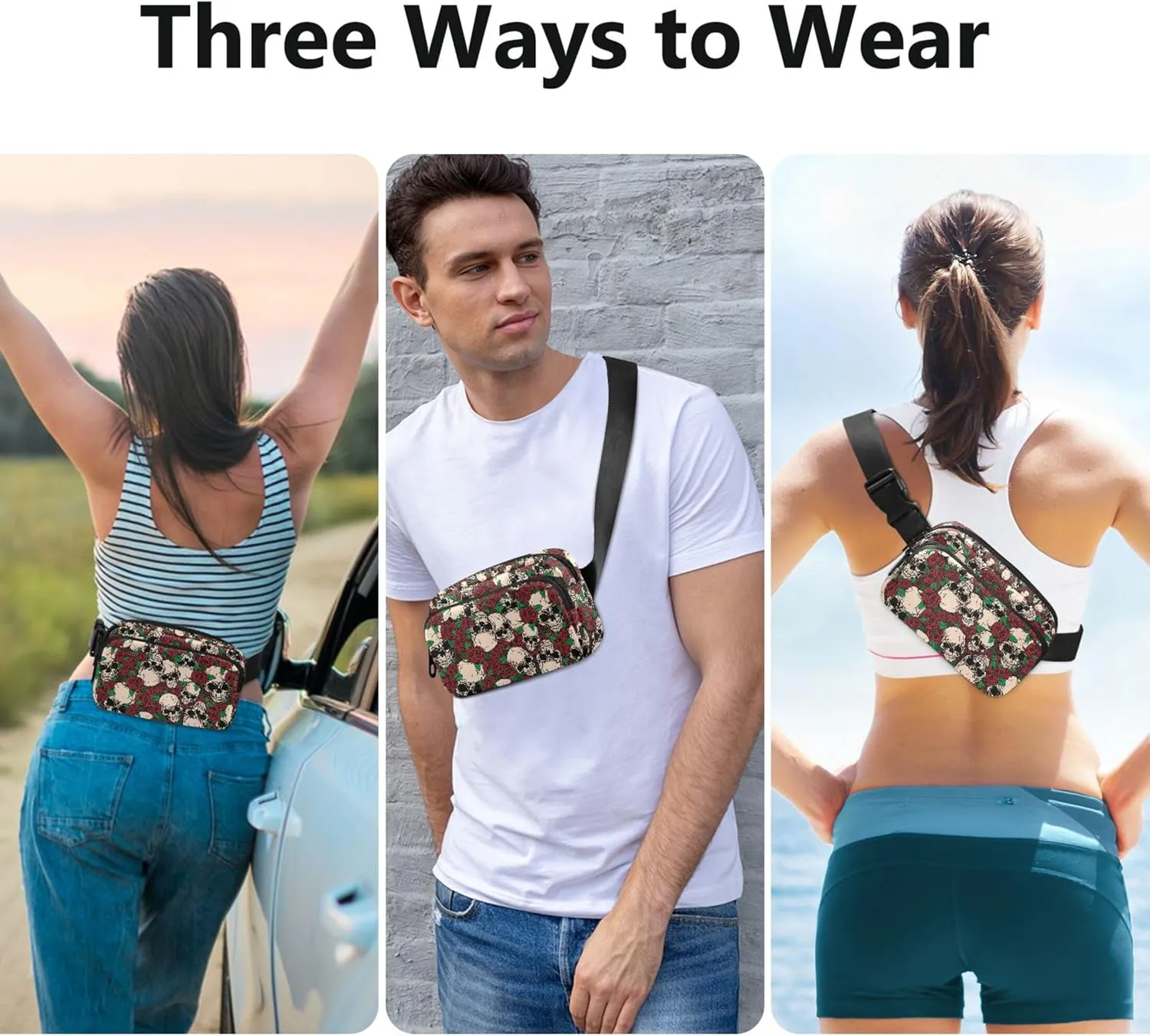 Customized Abstract Skull Rose Women Fanny Pack Hip Bag Belt Pouch Waterproof Bright Color Waist Bag for Women
