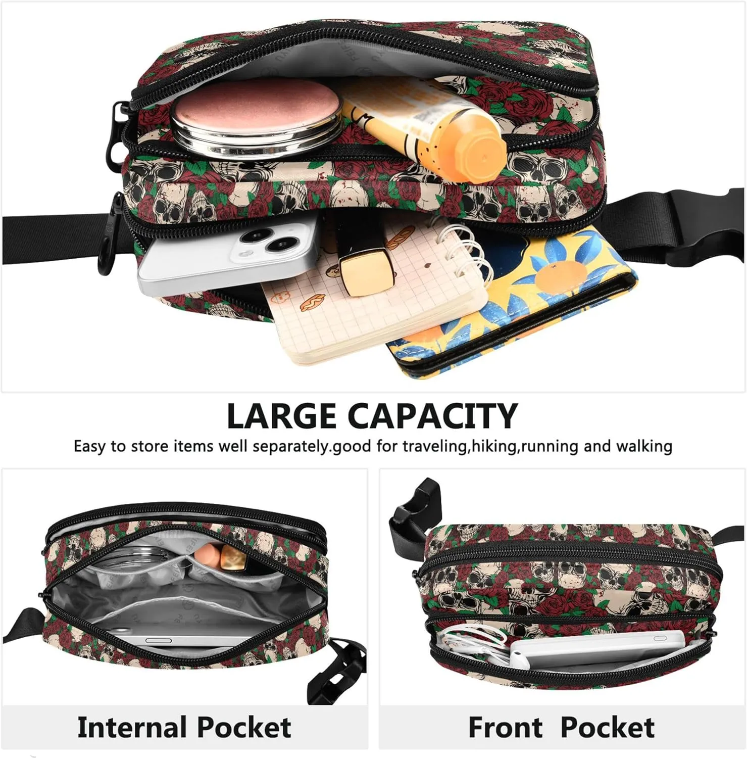 Customized Abstract Skull Rose Women Fanny Pack Hip Bag Belt Pouch Waterproof Bright Color Waist Bag for Women