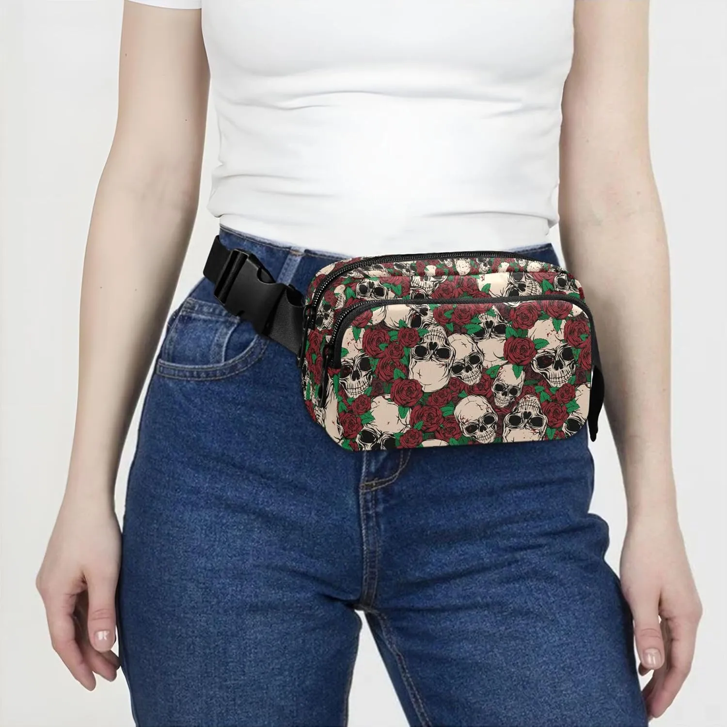 Customized Abstract Skull Rose Women Fanny Pack Hip Bag Belt Pouch Waterproof Bright Color Waist Bag for Women
