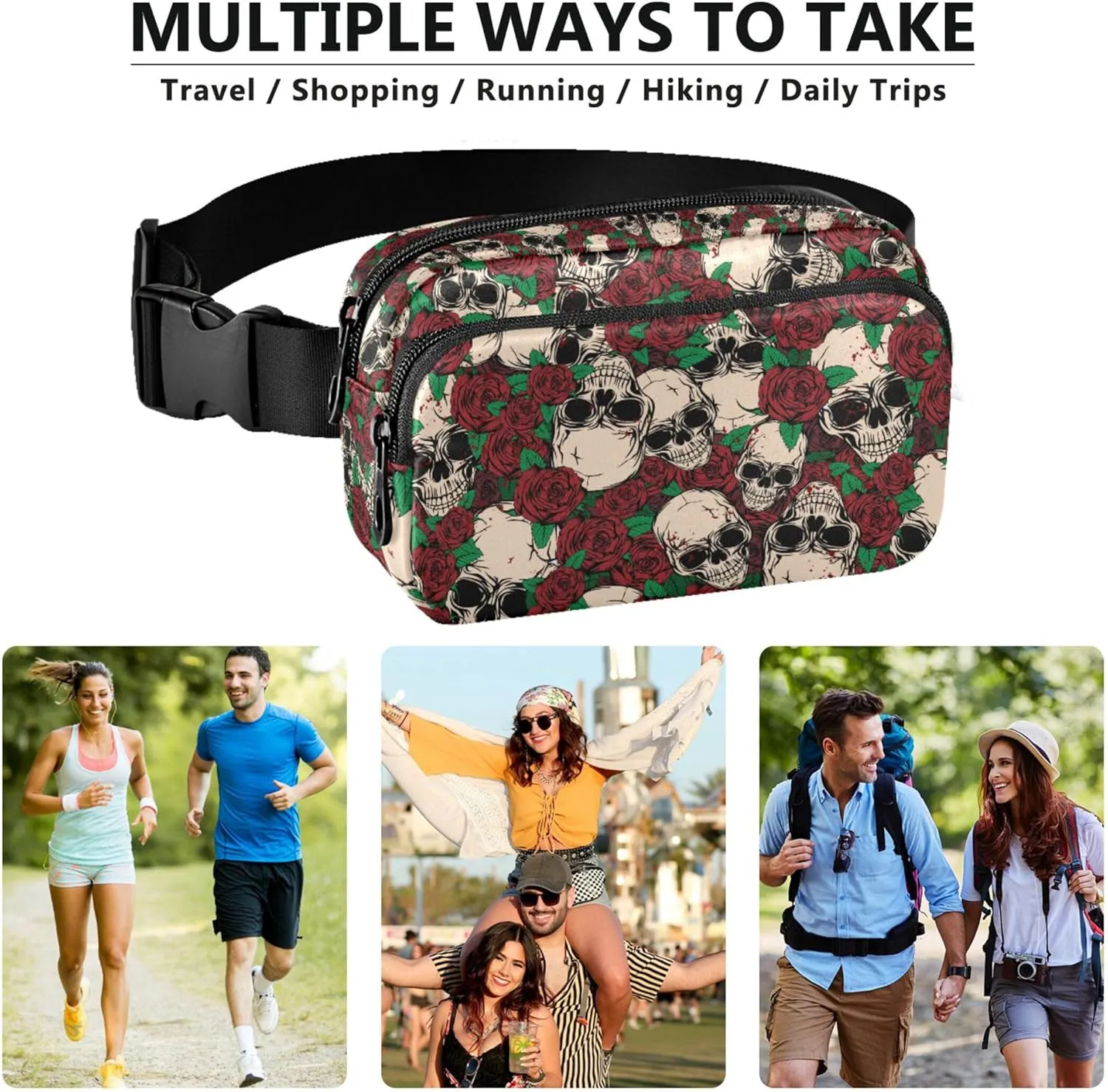Customized Abstract Skull Rose Women Fanny Pack Hip Bag Belt Pouch Waterproof Bright Color Waist Bag for Women