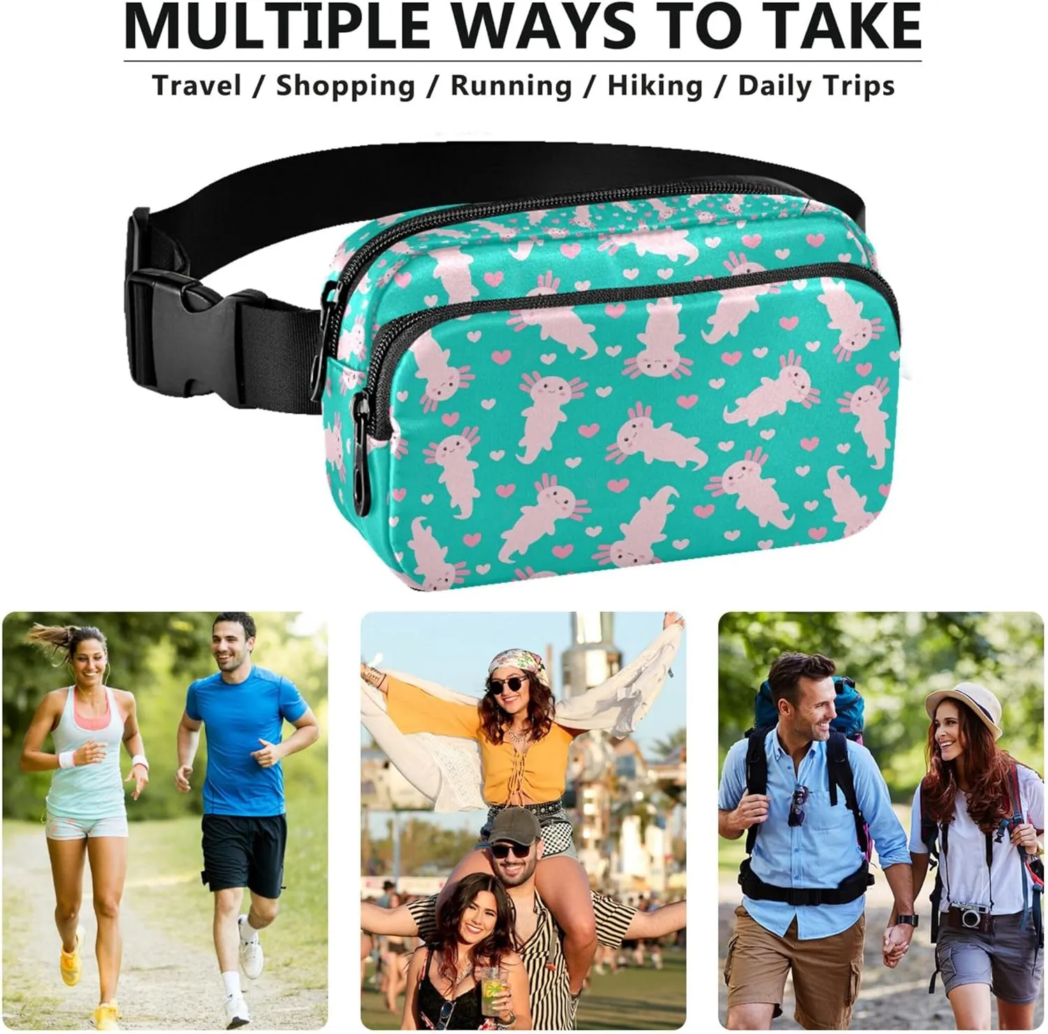 Cute Cartoon Axolotl Fanny Pack for Women Anti Theft Belt Bag Waterproof Festival Waist Pouch for Women
