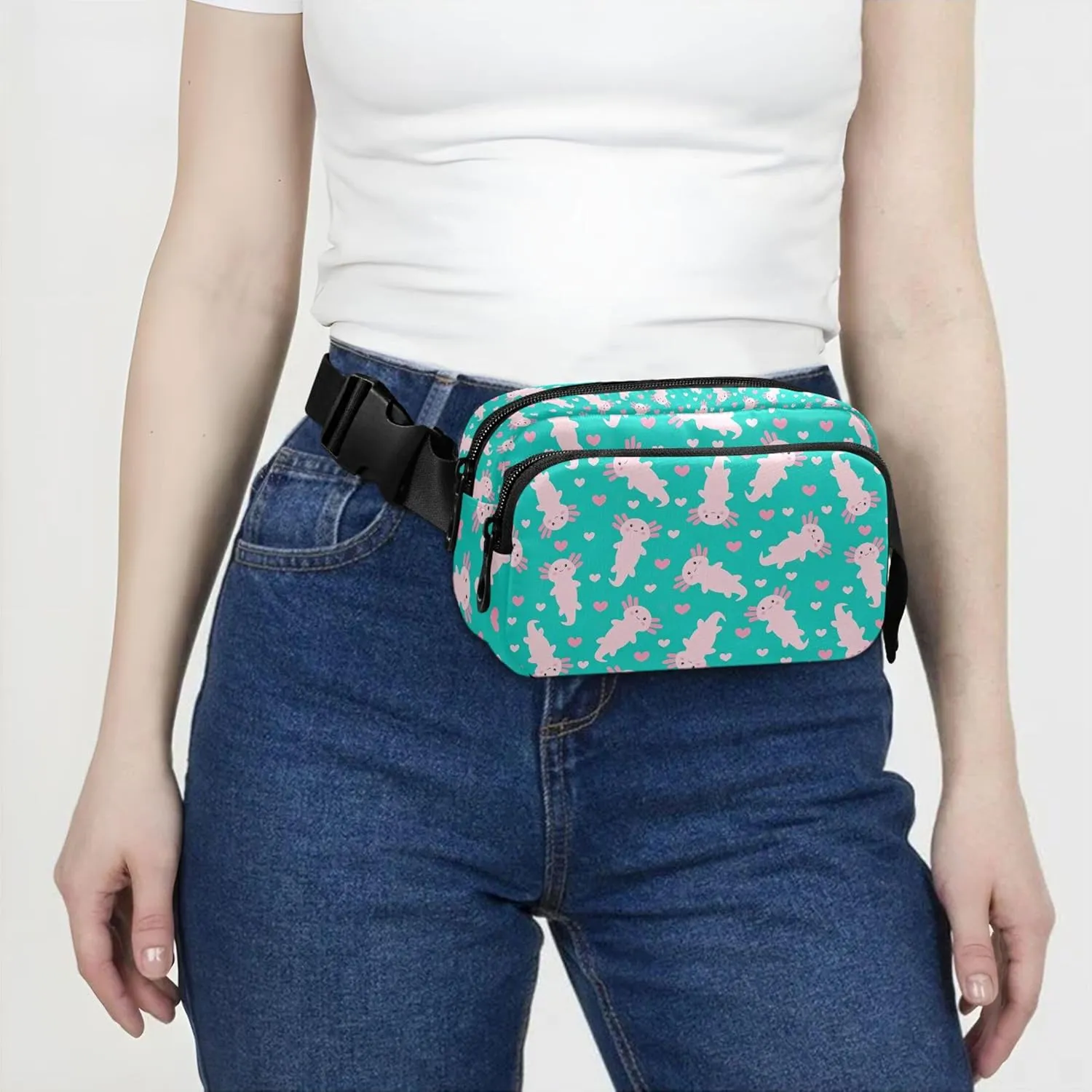 Cute Cartoon Axolotl Fanny Pack for Women Anti Theft Belt Bag Waterproof Festival Waist Pouch for Women