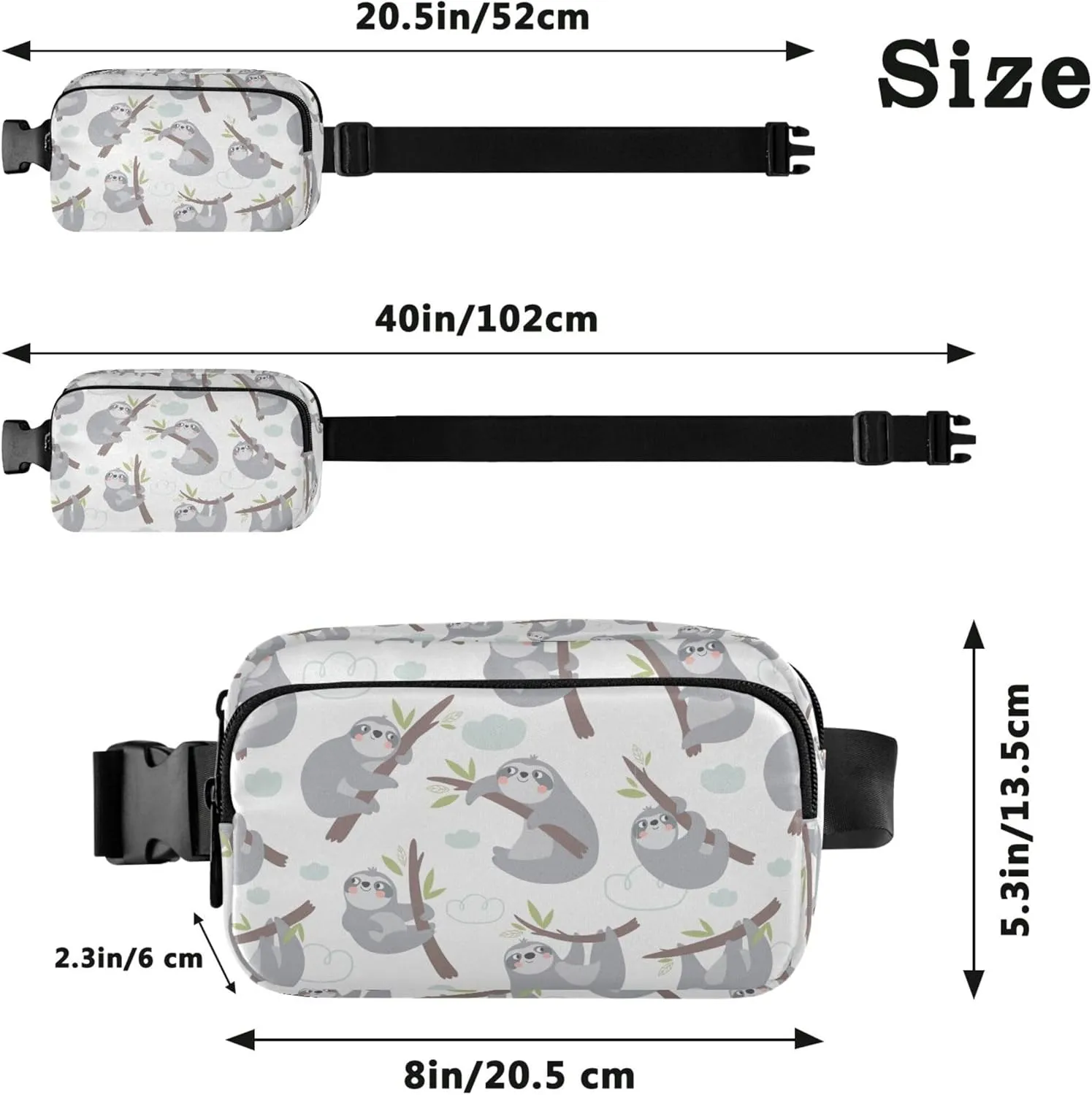 Cute Cartoon Sloth Print Waterproof Fanny Packs Women Hip Pouch Belt Bag Neon Cross Body Waist Pack