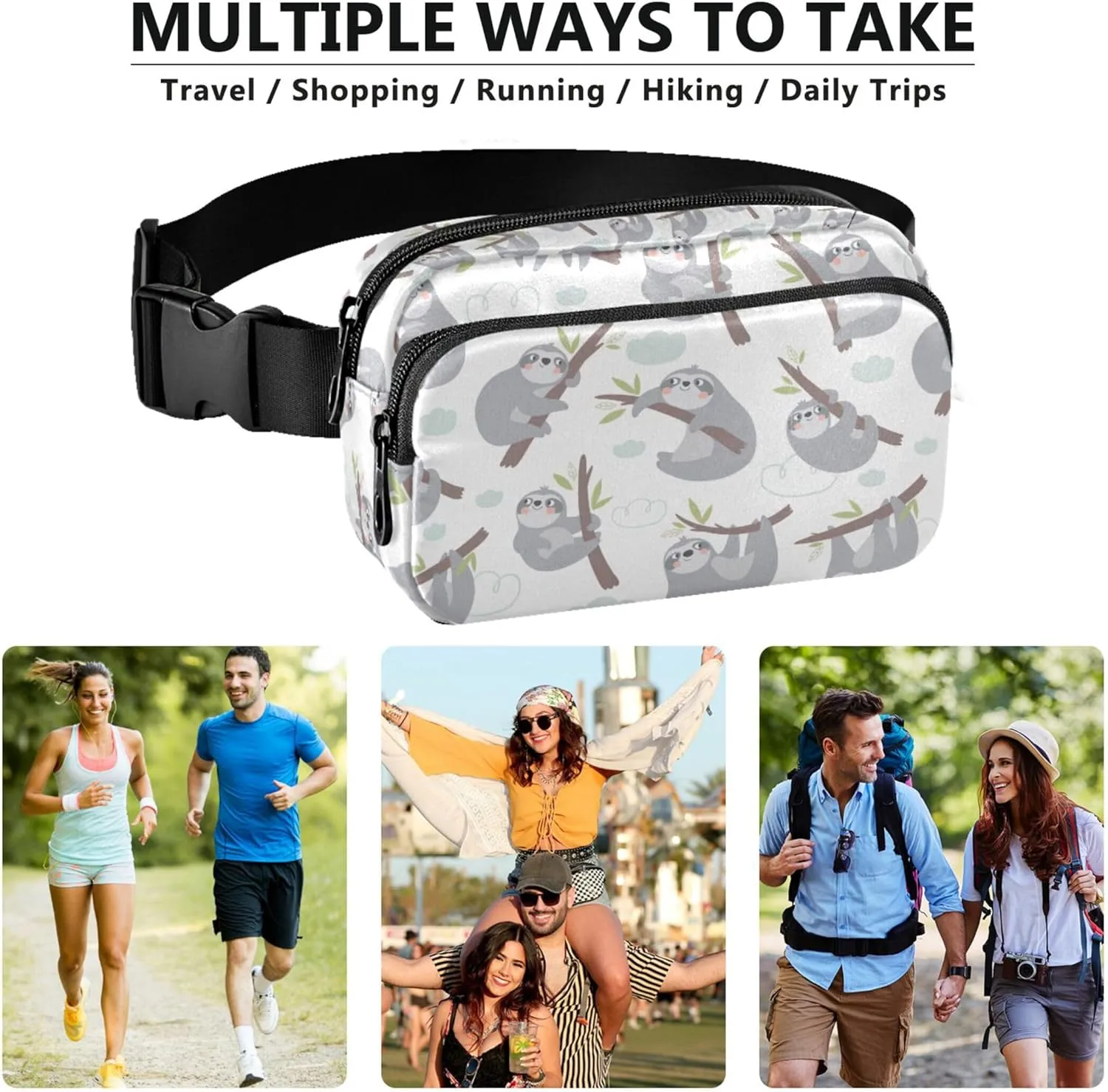 Cute Cartoon Sloth Print Waterproof Fanny Packs Women Hip Pouch Belt Bag Neon Cross Body Waist Pack