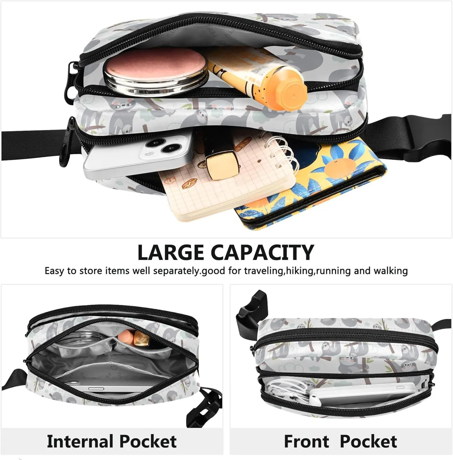 Cute Cartoon Sloth Print Waterproof Fanny Packs Women Hip Pouch Belt Bag Neon Cross Body Waist Pack