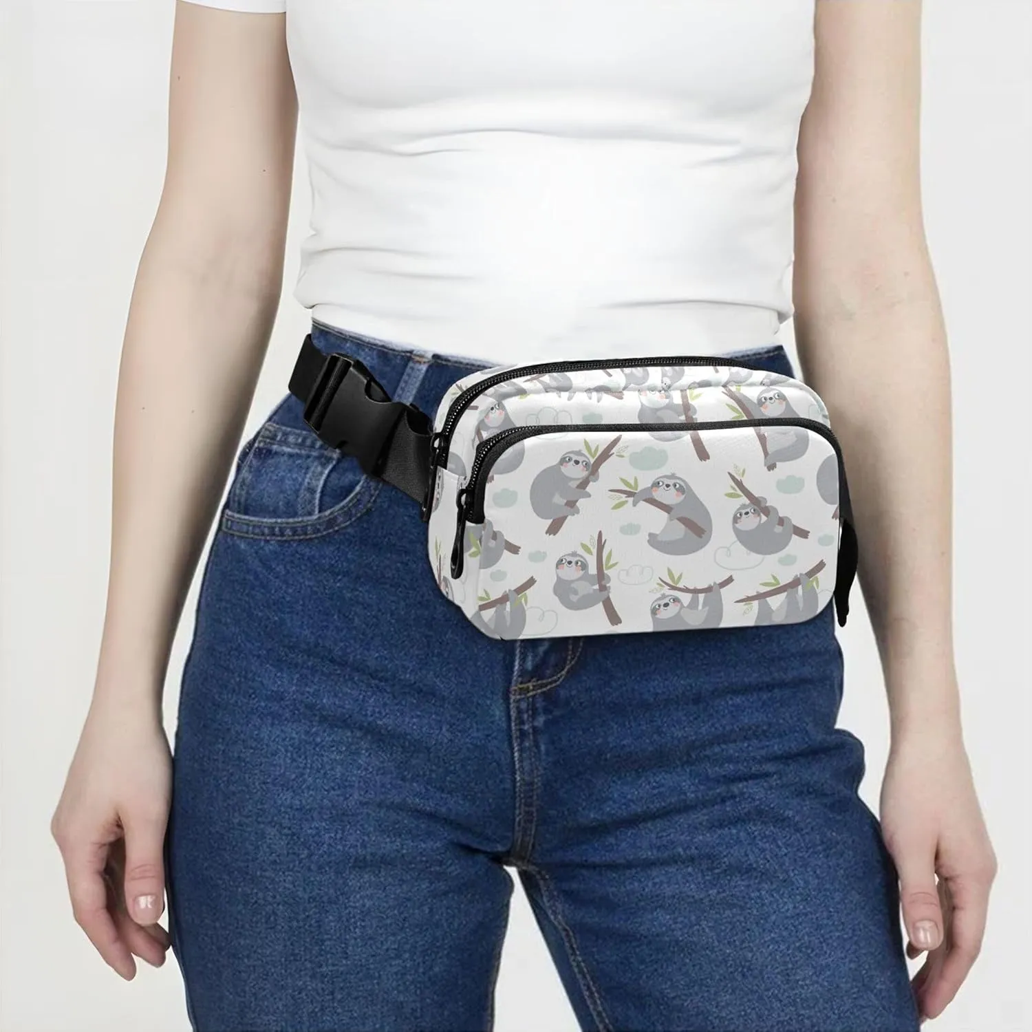 Cute Cartoon Sloth Print Waterproof Fanny Packs Women Hip Pouch Belt Bag Neon Cross Body Waist Pack