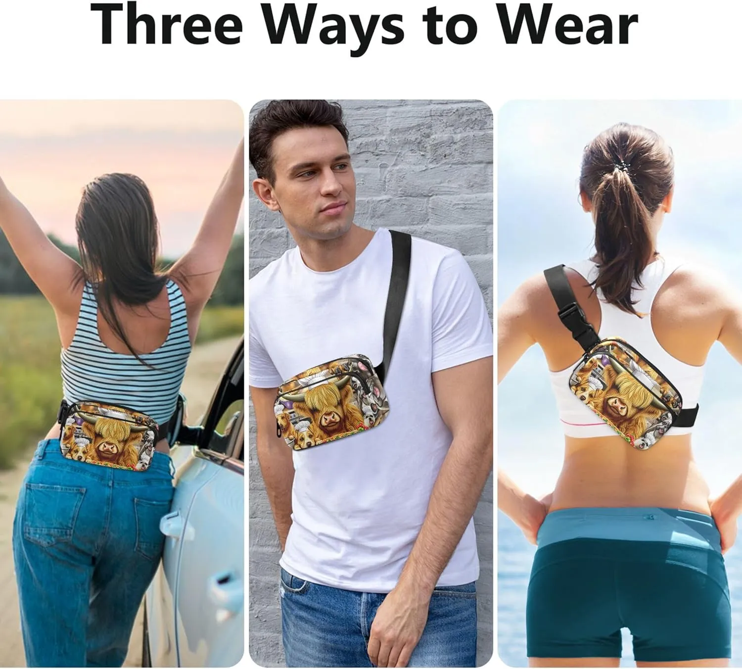 Cute Highland Cow Chef Animals Fanny Pack for Women Hip Pouch Belt Bag Waterproof Neon Waist Pouches for Men