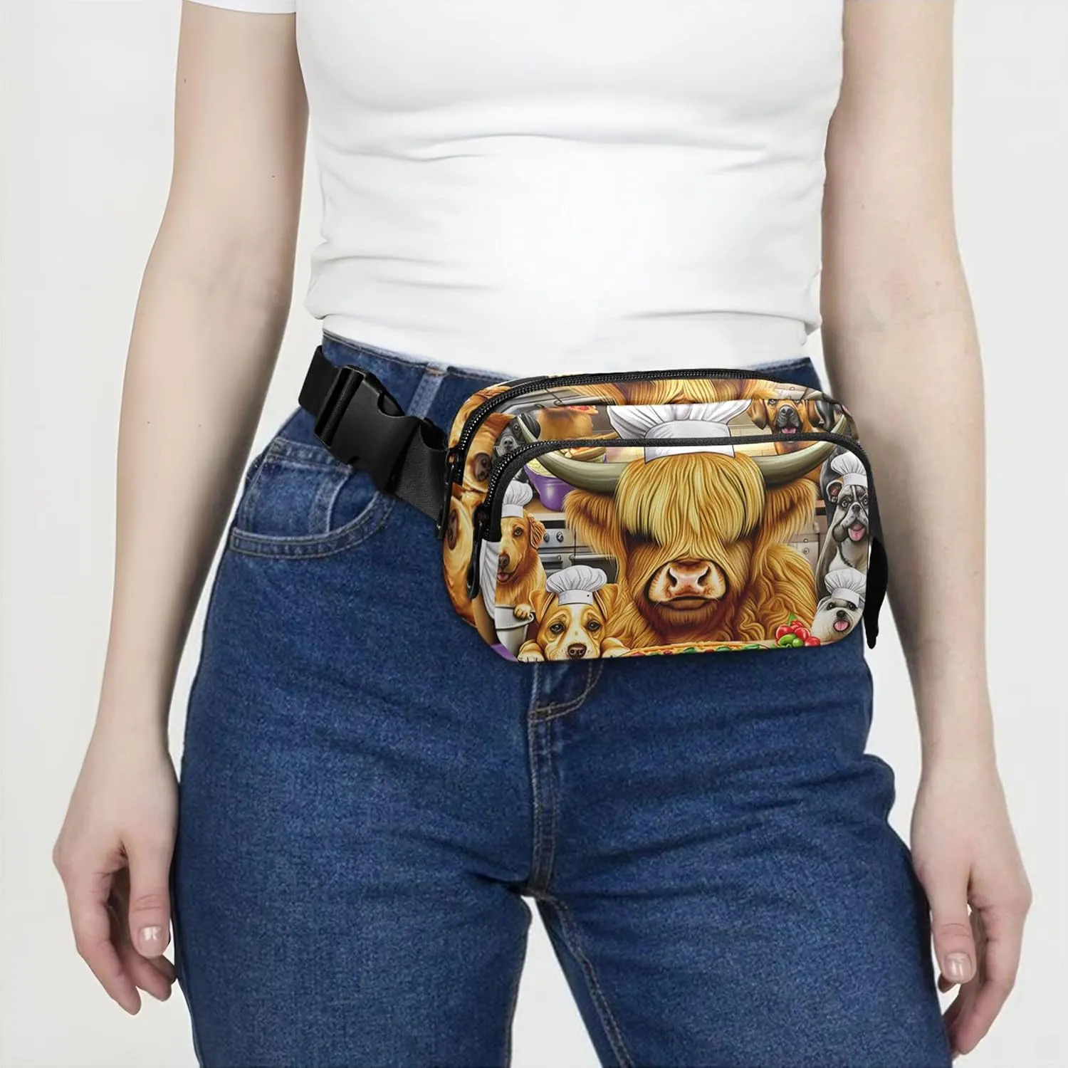 Cute Highland Cow Chef Animals Fanny Pack for Women Hip Pouch Belt Bag Waterproof Neon Waist Pouches for Men