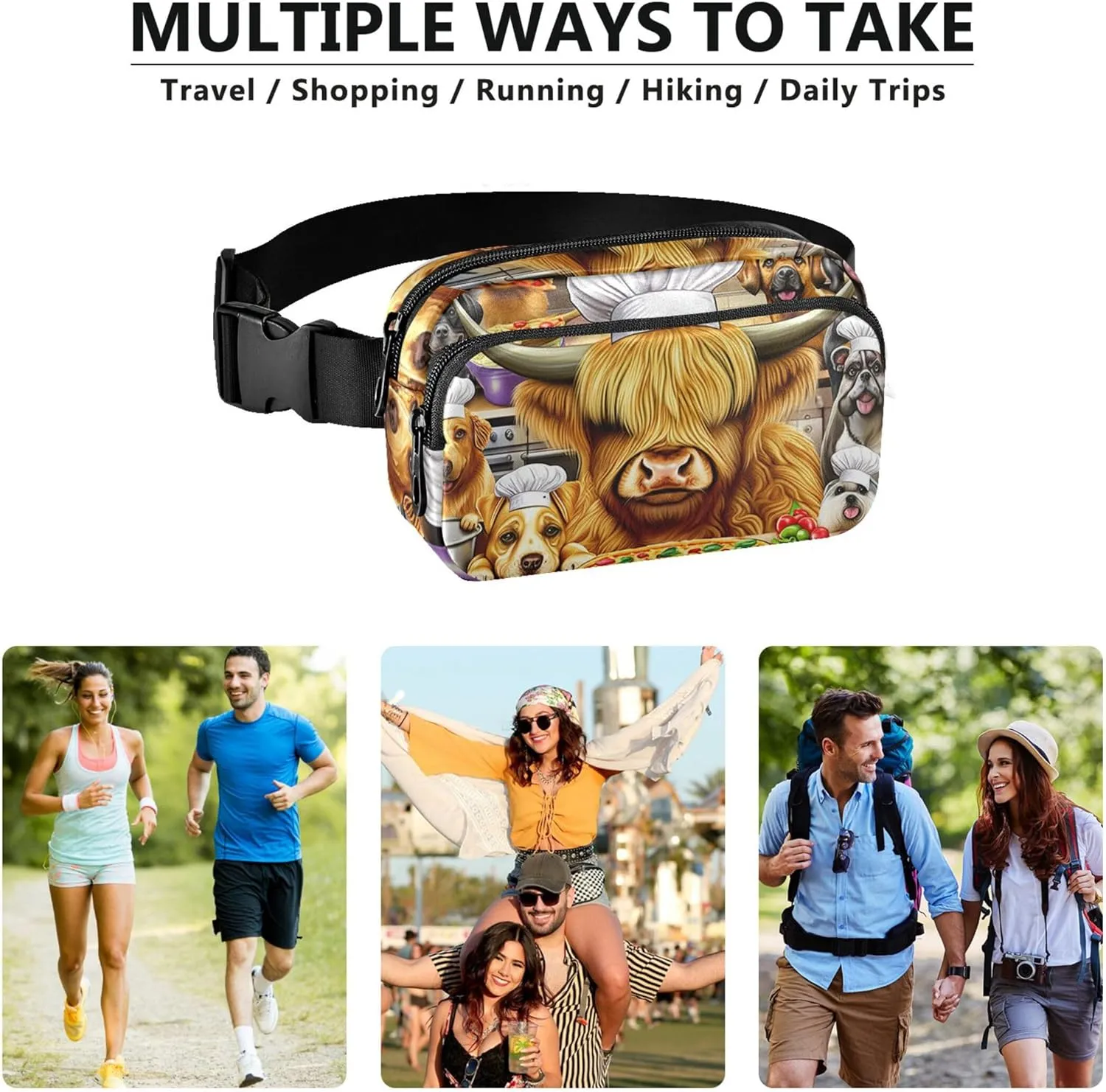 Cute Highland Cow Chef Animals Fanny Pack for Women Hip Pouch Belt Bag Waterproof Neon Waist Pouches for Men