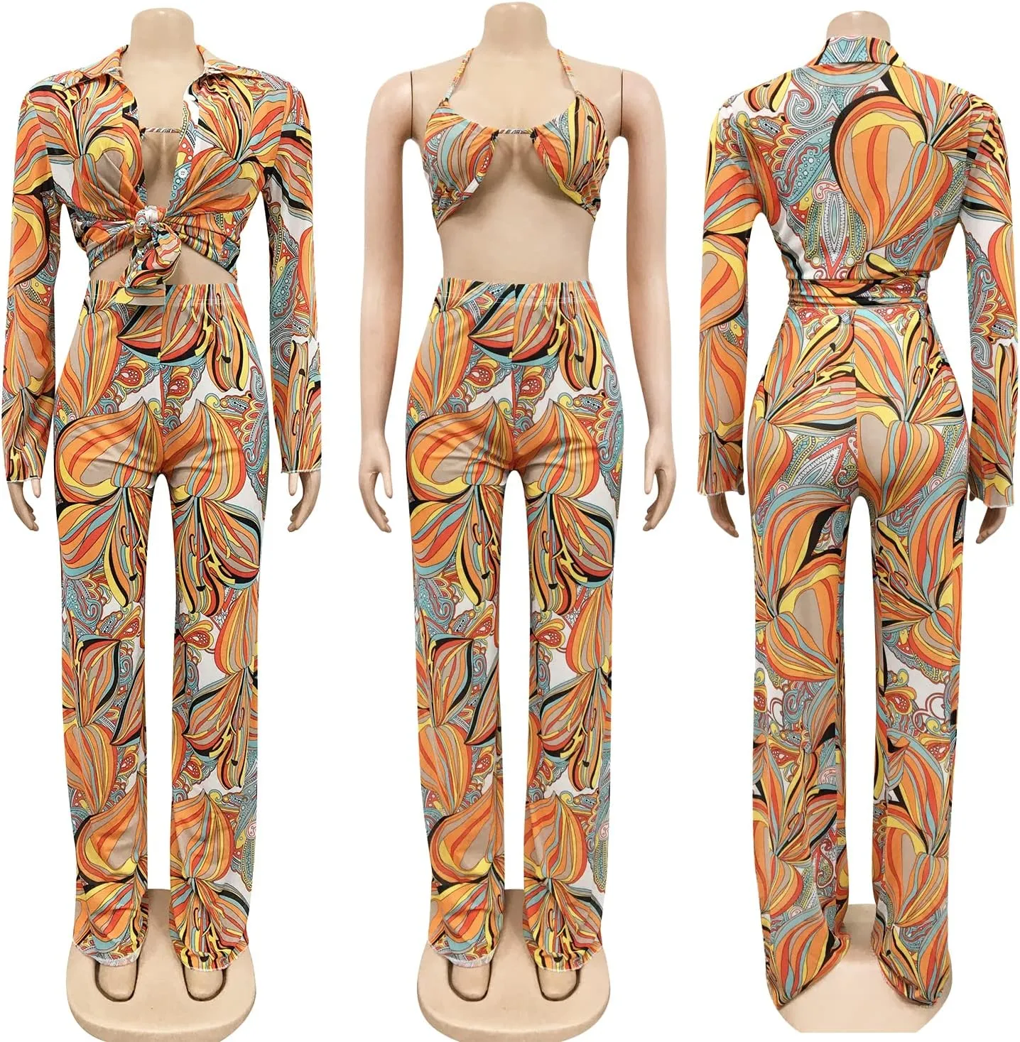 CUTUBLY Sexy Bodycon Long Sleeve V Neck Two Piece Outfits for Women Printing Jumpsuit Rompers