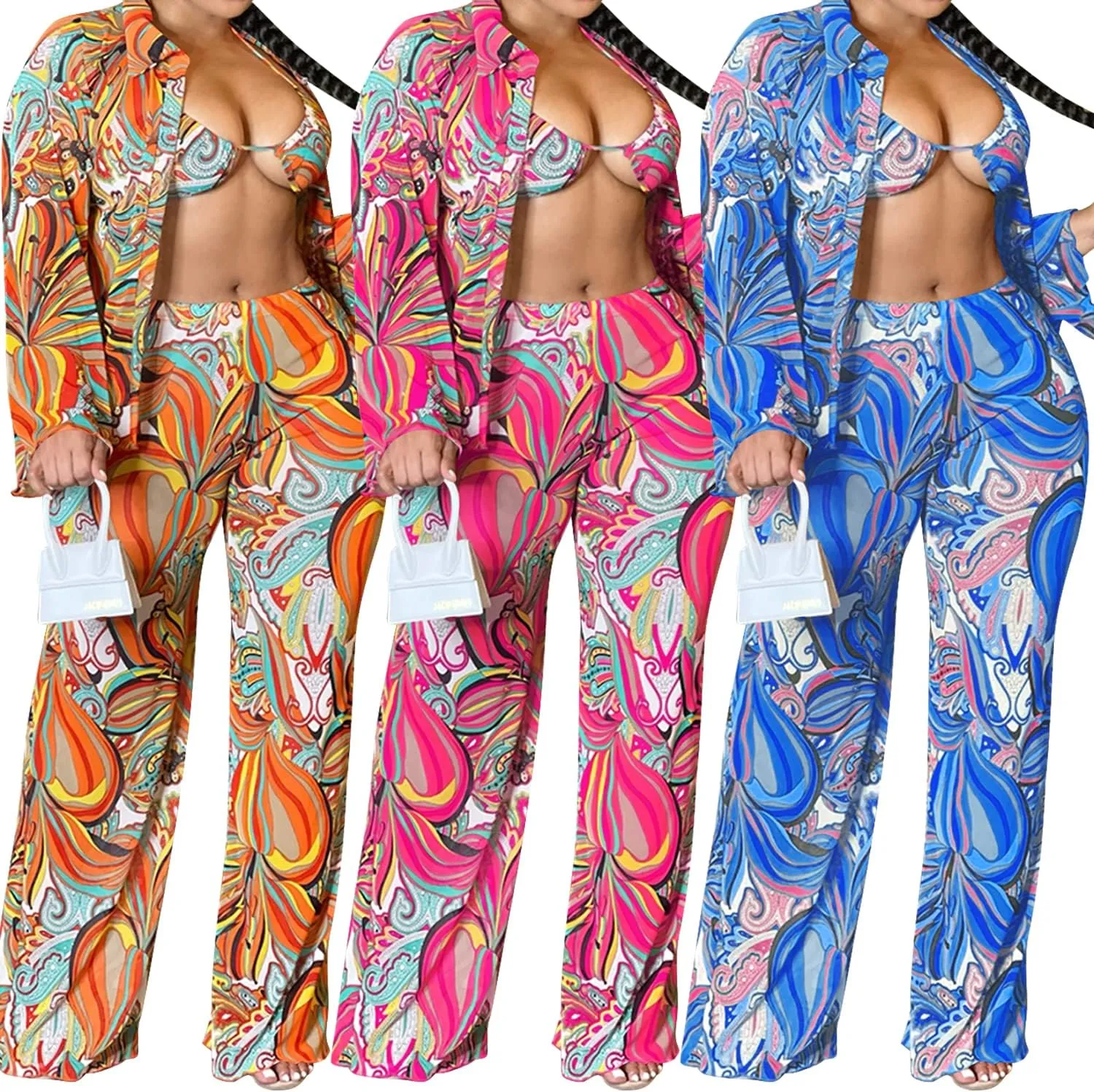 CUTUBLY Sexy Bodycon Long Sleeve V Neck Two Piece Outfits for Women Printing Jumpsuit Rompers