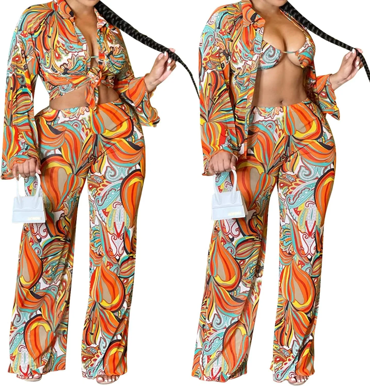 CUTUBLY Sexy Bodycon Long Sleeve V Neck Two Piece Outfits for Women Printing Jumpsuit Rompers