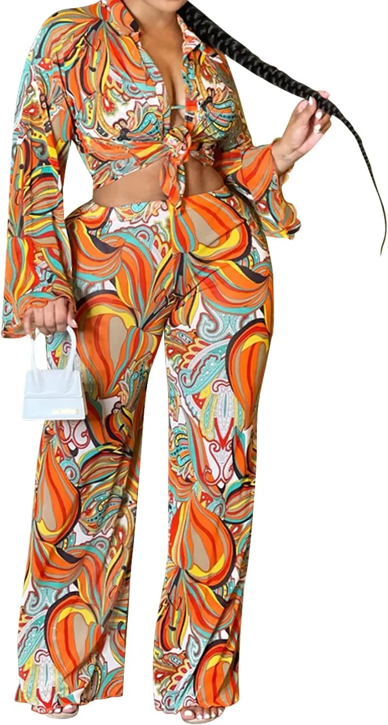 CUTUBLY Sexy Bodycon Long Sleeve V Neck Two Piece Outfits for Women Printing Jumpsuit Rompers