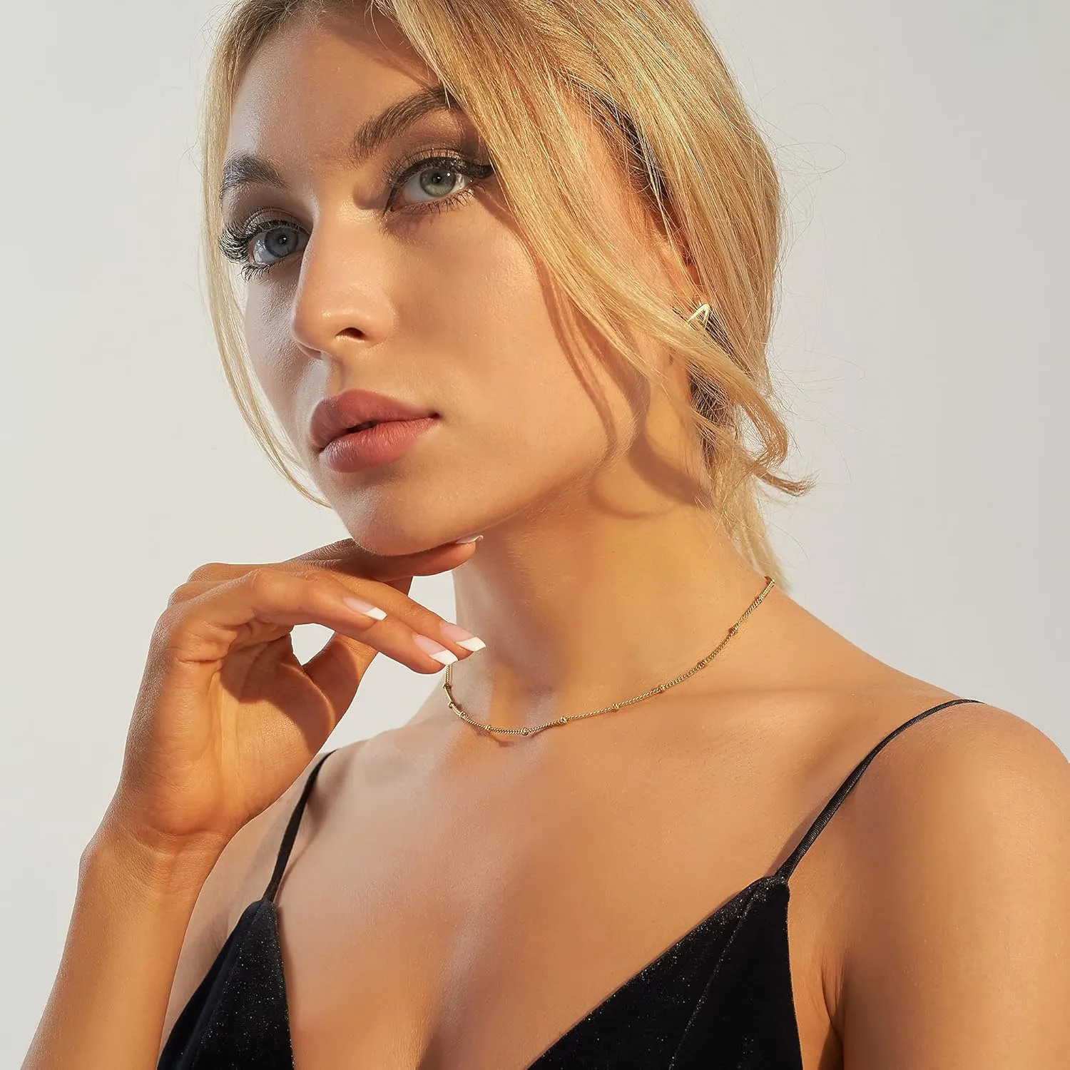 Dainty Gold Layered Bar Neckalce Moon Pendant Lariat Y Necklace 14K Gold Simple Necklace for Women