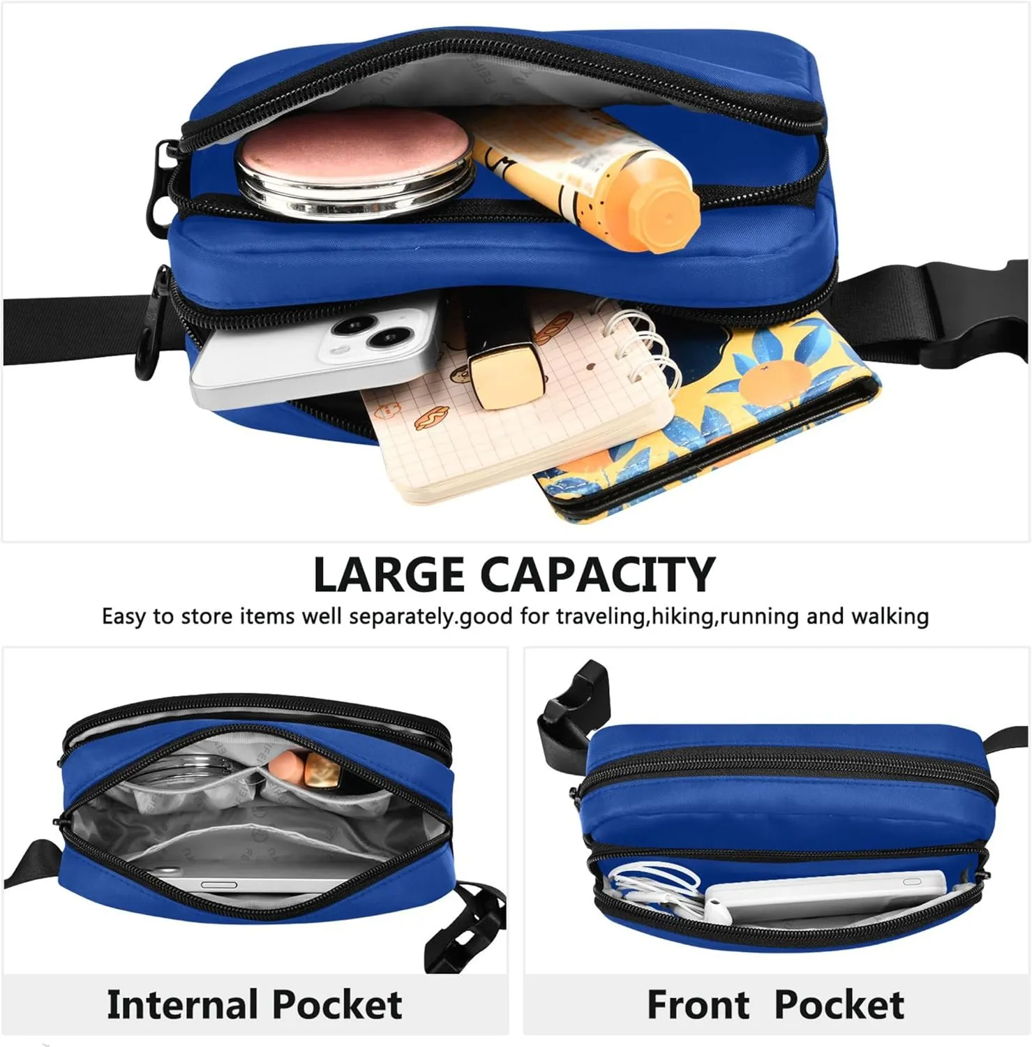 Dark Powder Blue Waterproof Fanny Pack for Women Hip Bag Belt Pouch Funky Travel Waist Pack for Men
