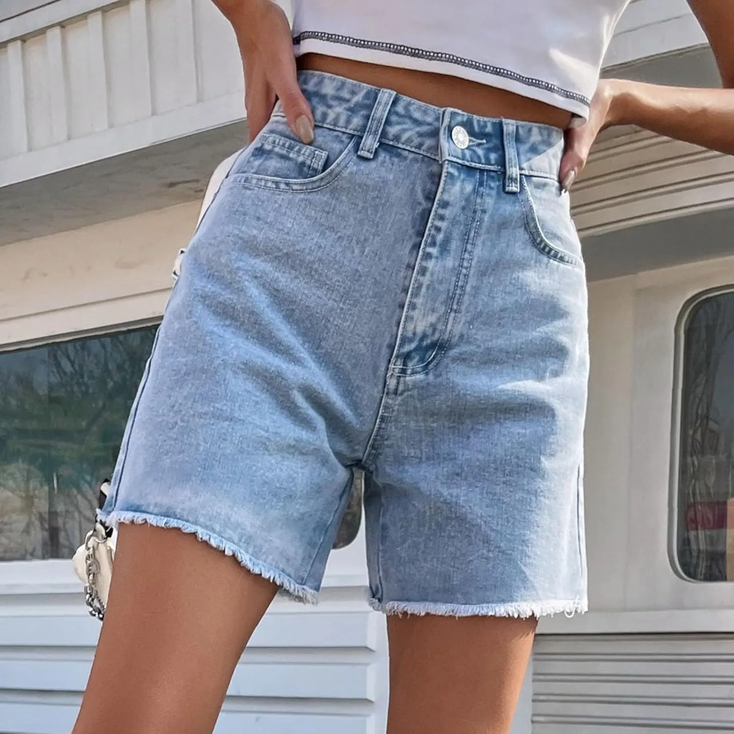Denim Shorts for Women Summer Casual High Waisted Straight Leg Frayed Raw Hem Jeans Baggy Comfort Jeans with Pockets