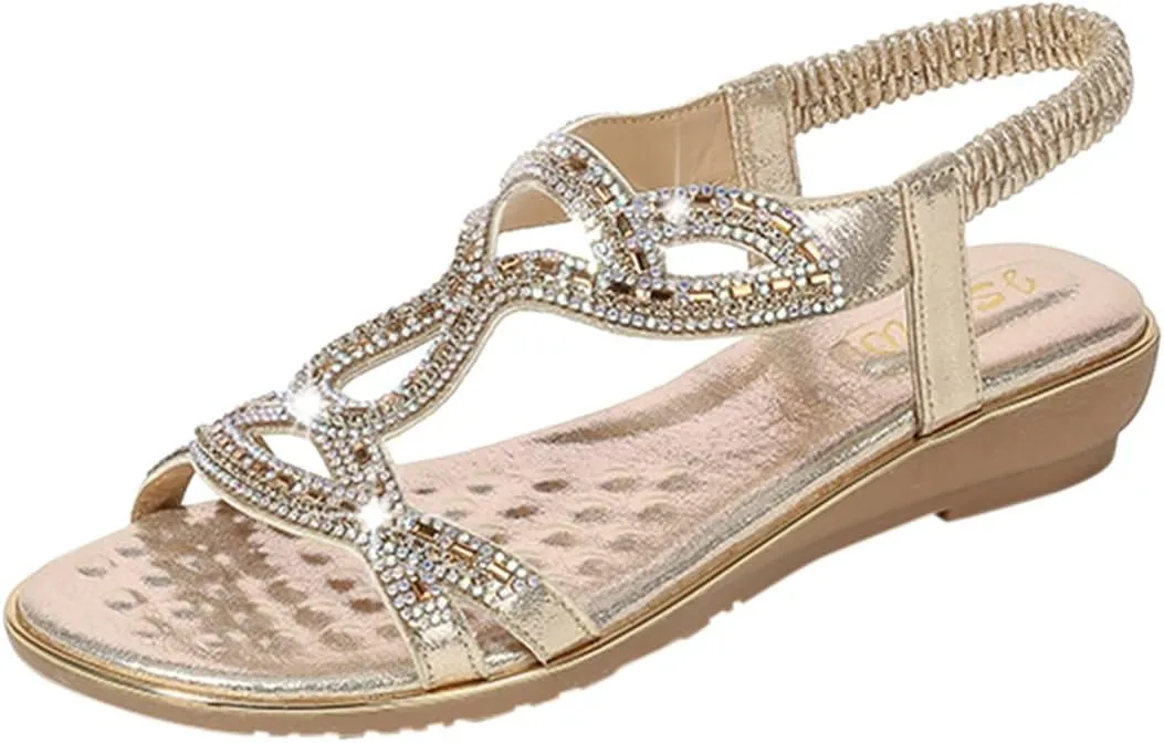 Eduavar Orthopedic Sandals for Women, Sandals Women Fashion Bohemia Crystal Open Toe Low Wedge Sandals Breathable Sandals