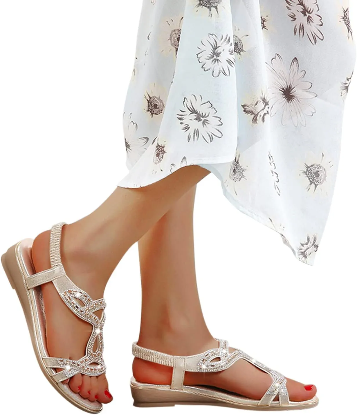 Eduavar Orthopedic Sandals for Women, Sandals Women Fashion Bohemia Crystal Open Toe Low Wedge Sandals Breathable Sandals