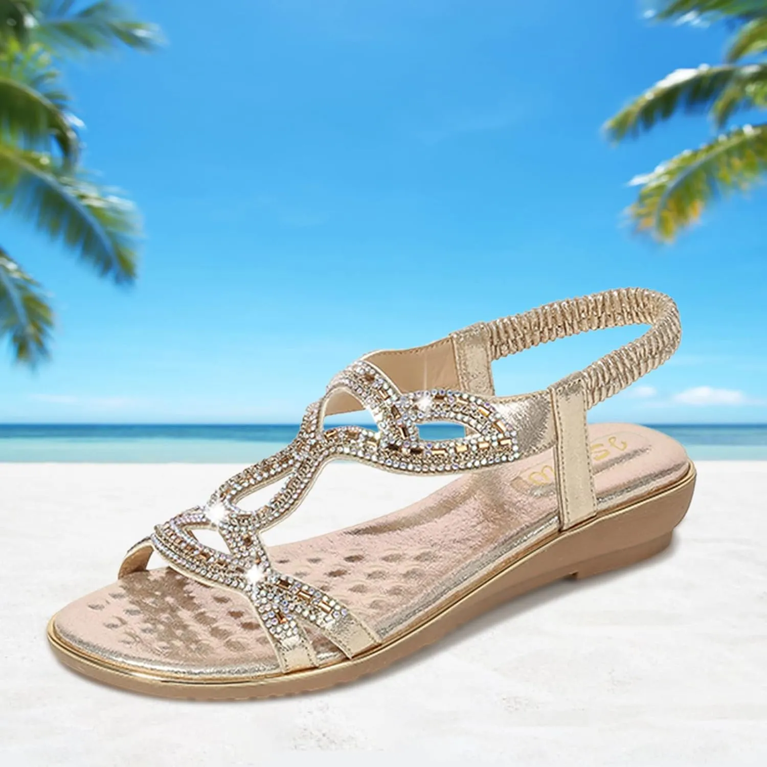 Eduavar Orthopedic Sandals for Women, Sandals Women Fashion Bohemia Crystal Open Toe Low Wedge Sandals Breathable Sandals