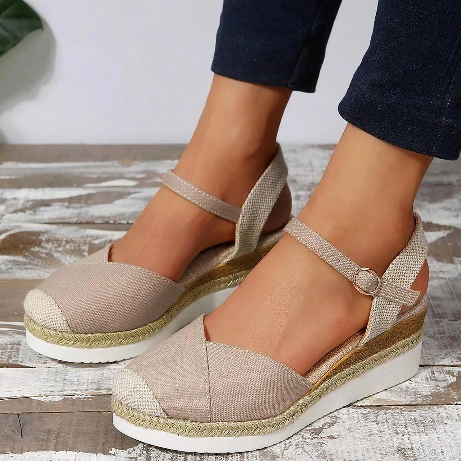 Eduavar Platform Sandals Women Casual Beach Walking Shoes Closed Toe Arch Support Ankle Strap Shoes Wedge Slides Slippers