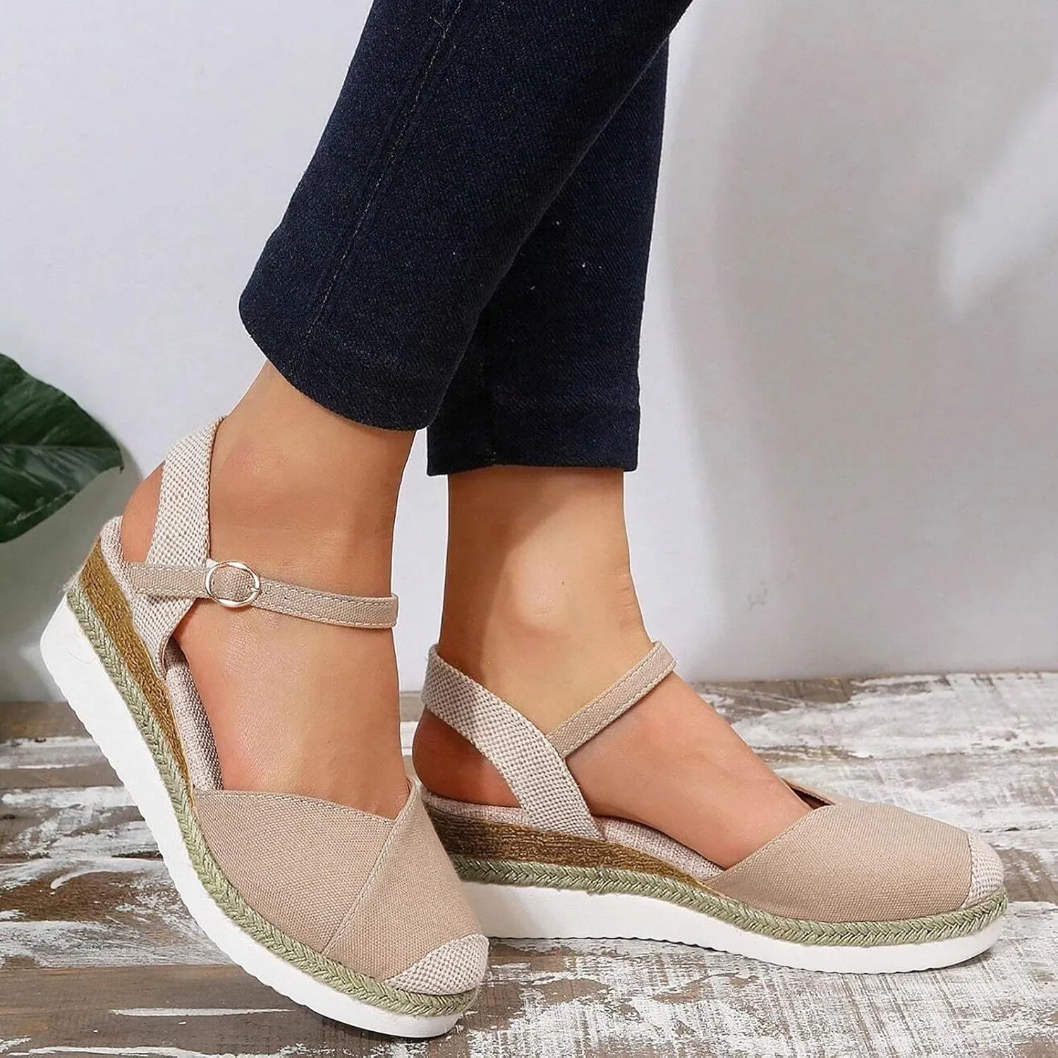 Eduavar Platform Sandals Women Casual Beach Walking Shoes Closed Toe Arch Support Ankle Strap Shoes Wedge Slides Slippers