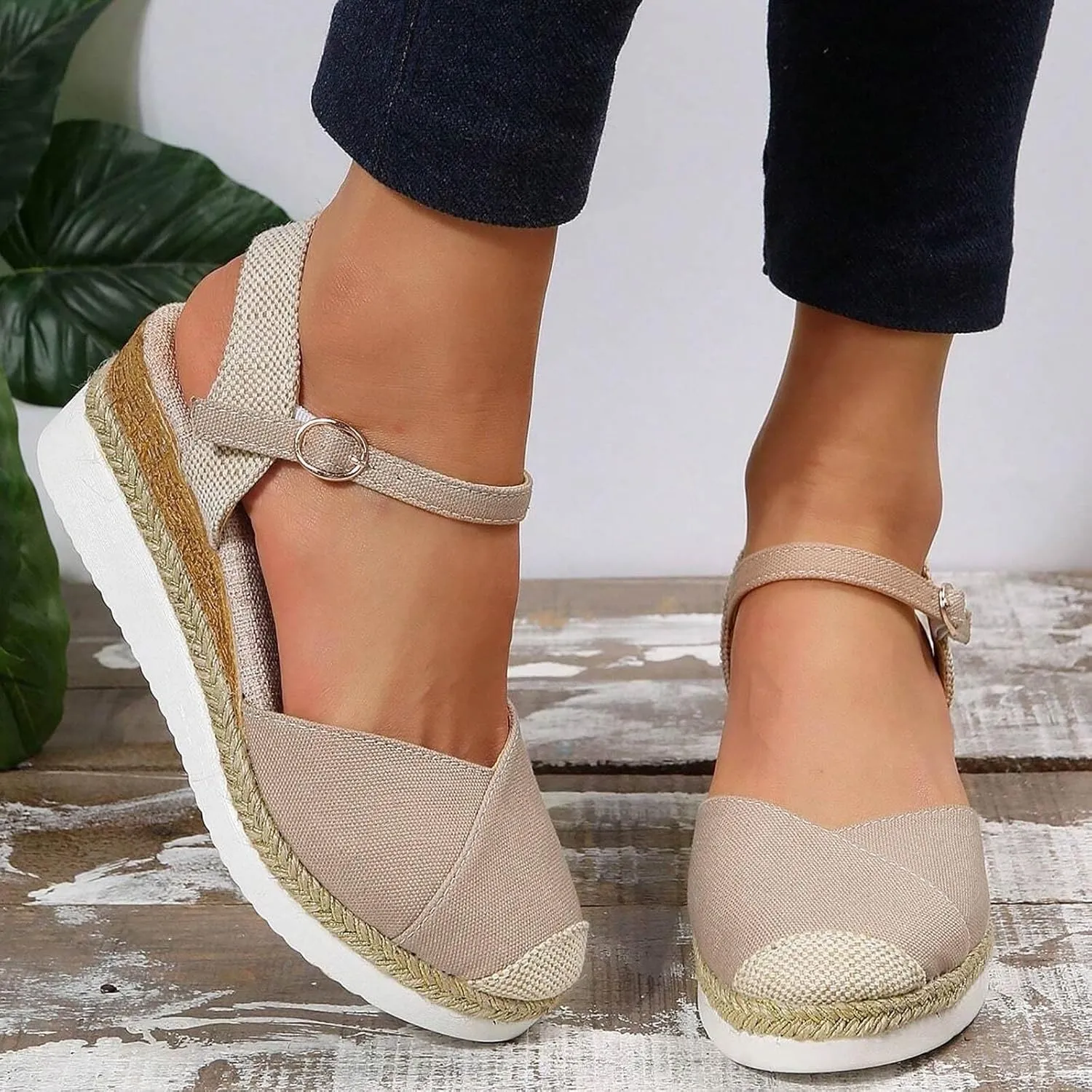Eduavar Platform Sandals Women Casual Beach Walking Shoes Closed Toe Arch Support Ankle Strap Shoes Wedge Slides Slippers