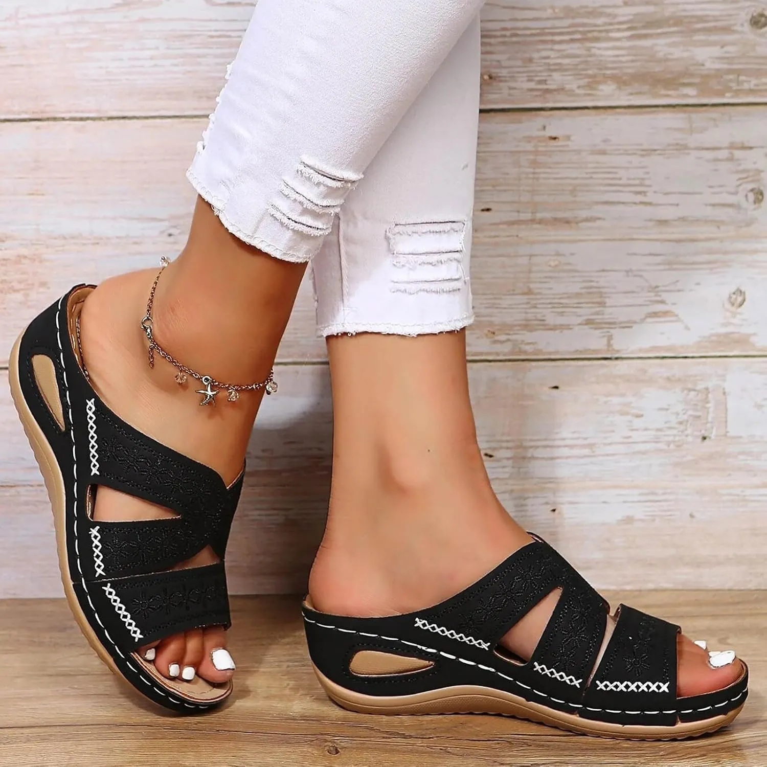 Eduavar Platform Sandals Women Casual Dressy Walking Non Slip Shoes Open Toe Slides Beach Slip On Orthopedic Wedge Slippers