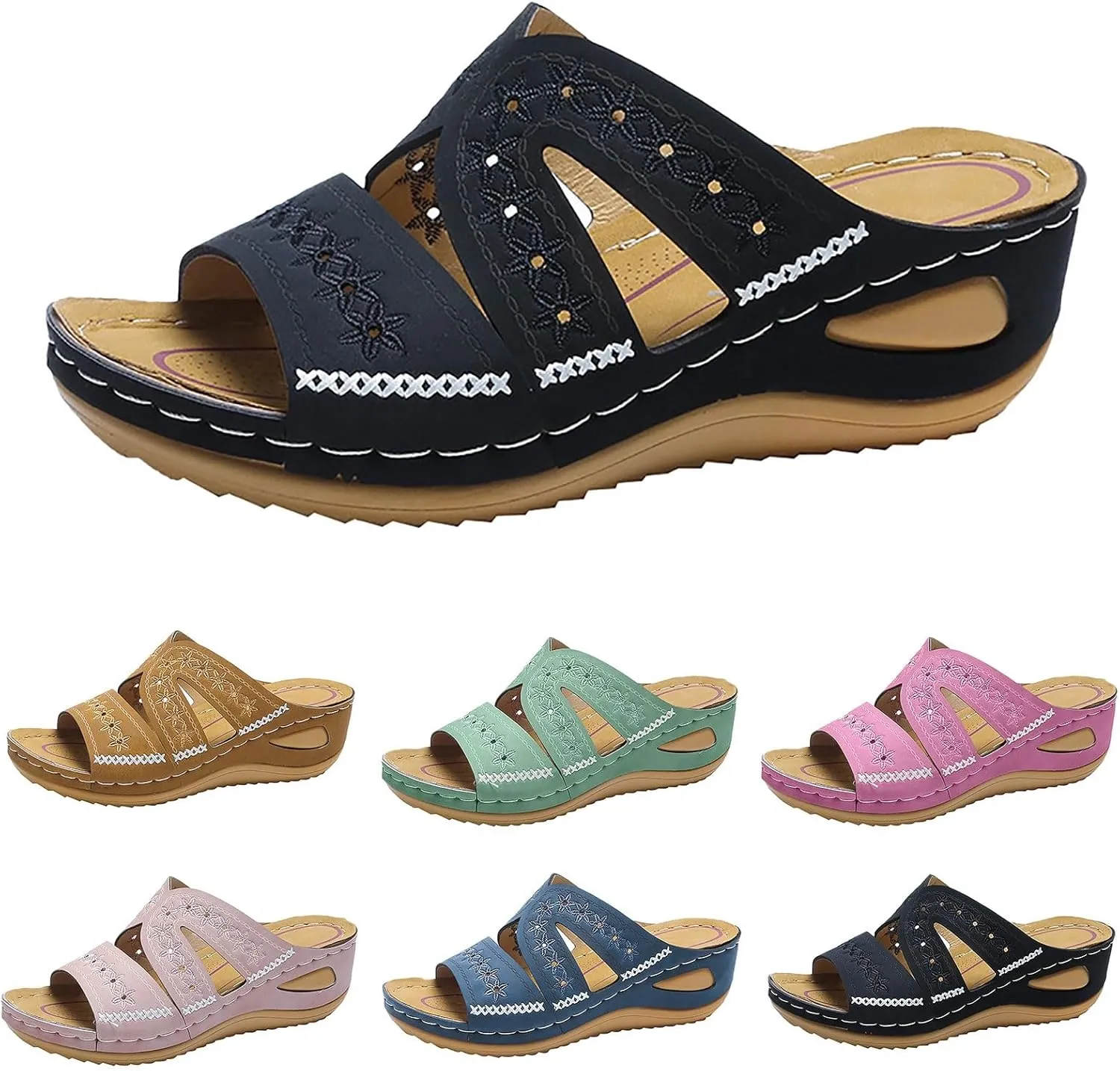Eduavar Platform Sandals Women Casual Dressy Walking Non Slip Shoes Open Toe Slides Beach Slip On Orthopedic Wedge Slippers