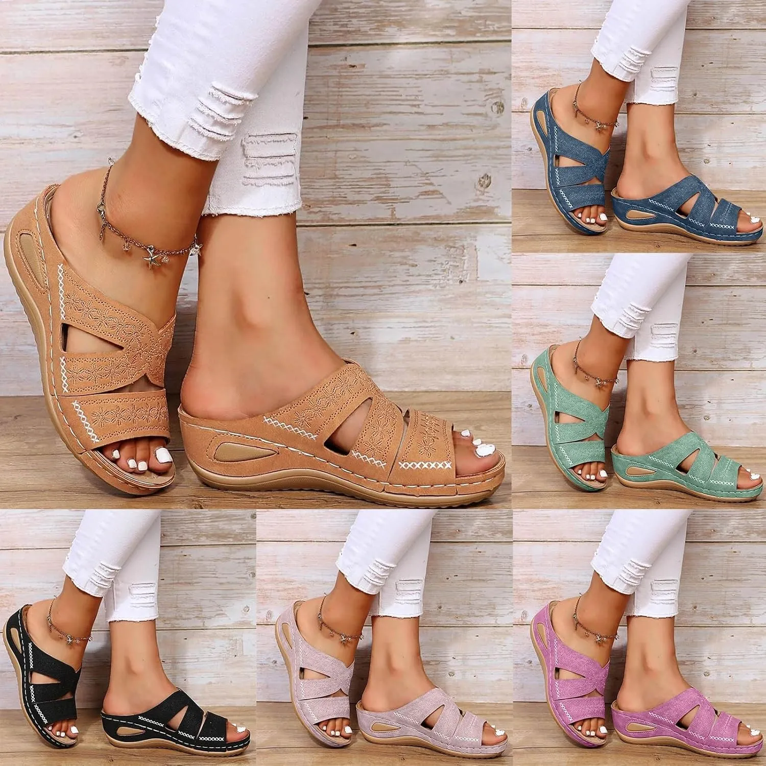 Eduavar Platform Sandals Women Casual Dressy Walking Non Slip Shoes Open Toe Slides Beach Slip On Orthopedic Wedge Slippers