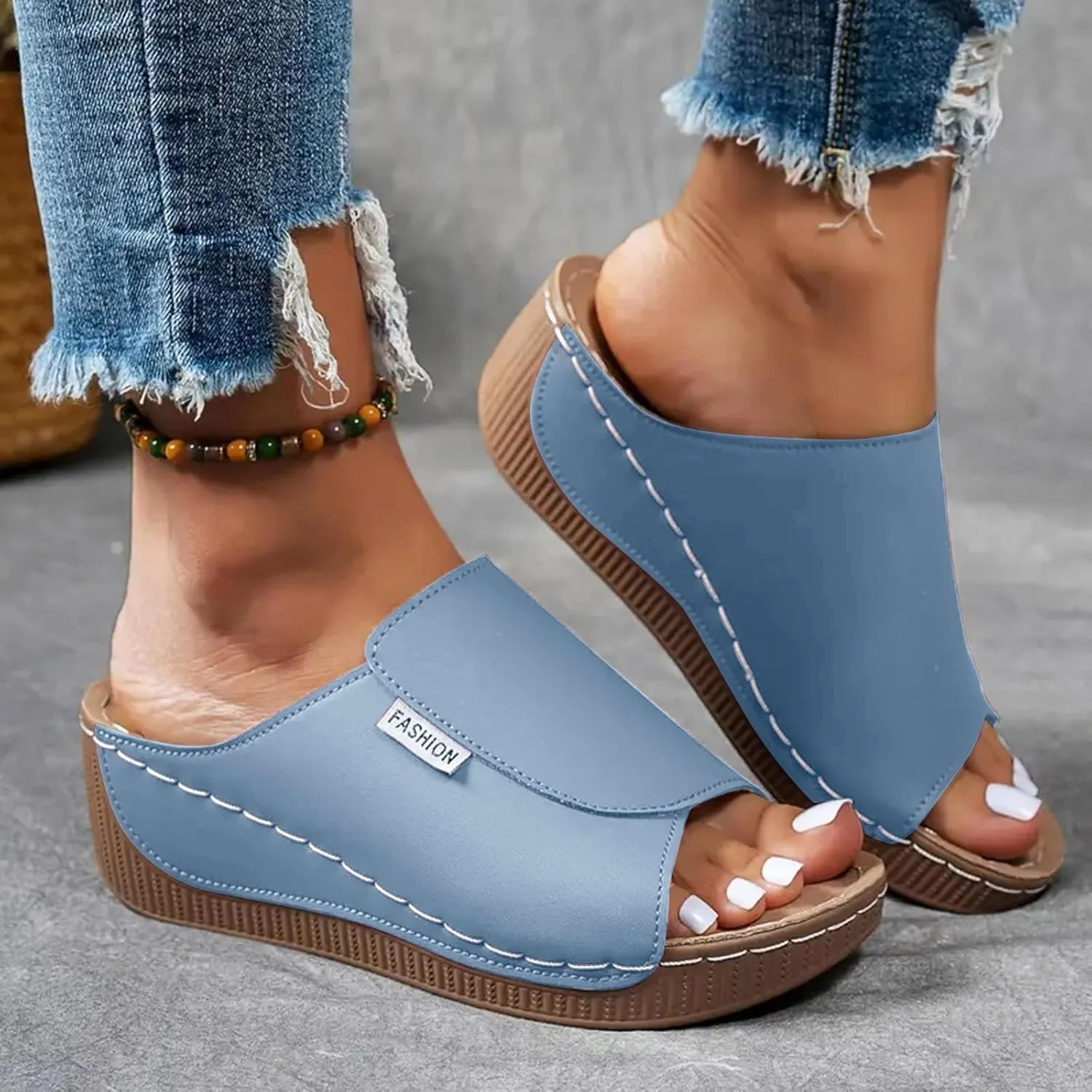 Eduavar Platform Sandals Women Casual Summer Beach Shoes Orthotic Comfortable Walking with Arch Support Dressy Wedge Slippers