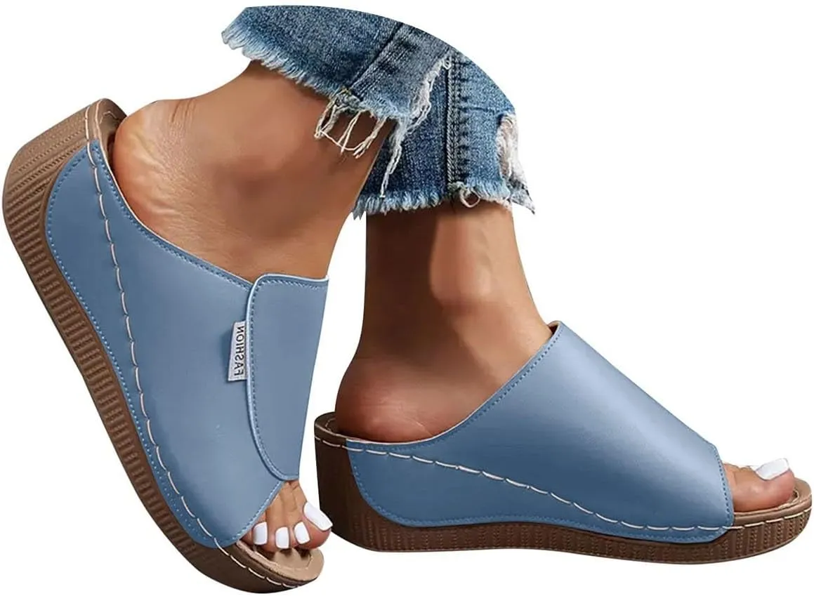 Eduavar Platform Sandals Women Casual Summer Beach Shoes Orthotic Comfortable Walking with Arch Support Dressy Wedge Slippers