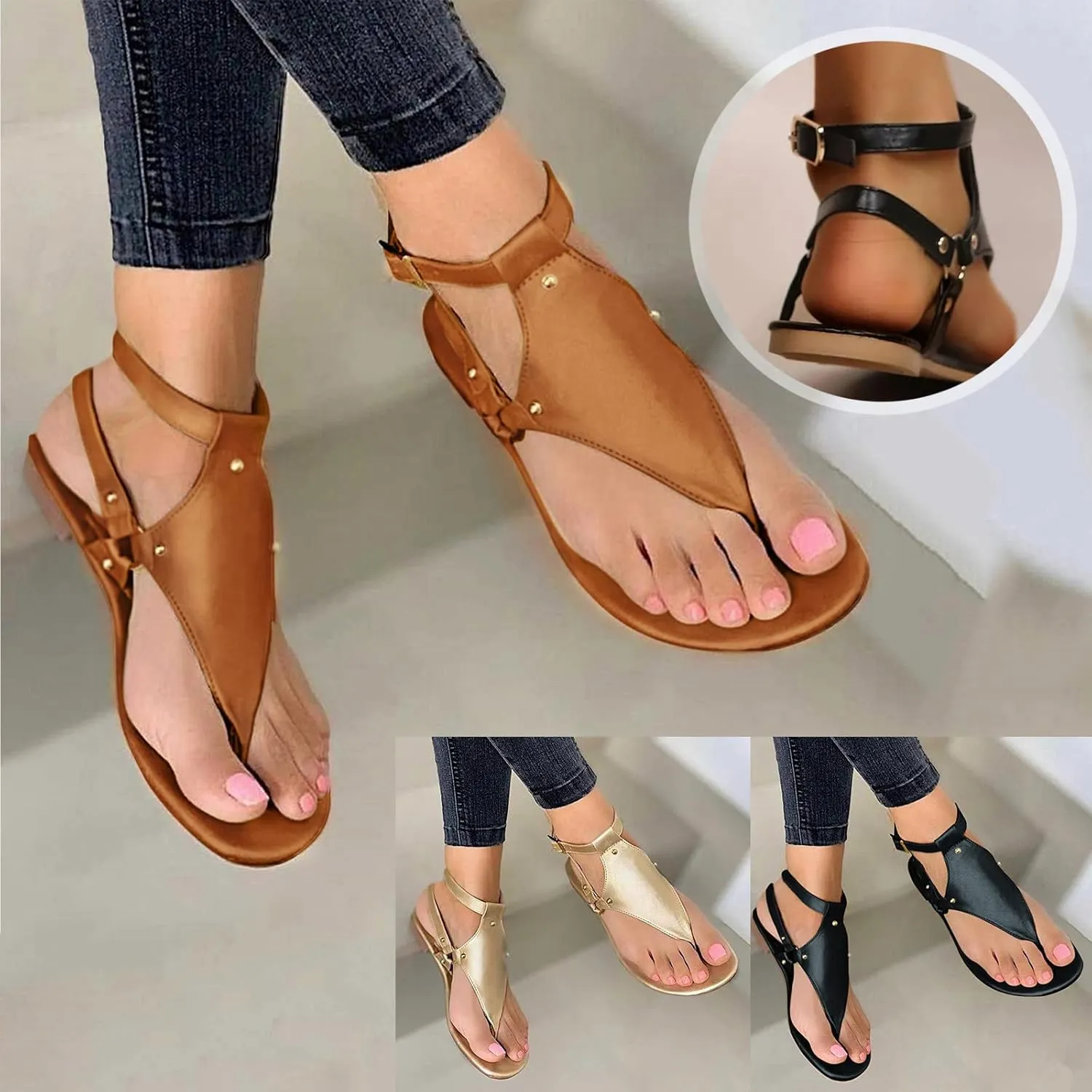 Eduavar Sandals Women Dressy Summer Flat, Beach Sandals for Women Summer Open Toe Flip Flops Thong Sandals with Buckle Strap