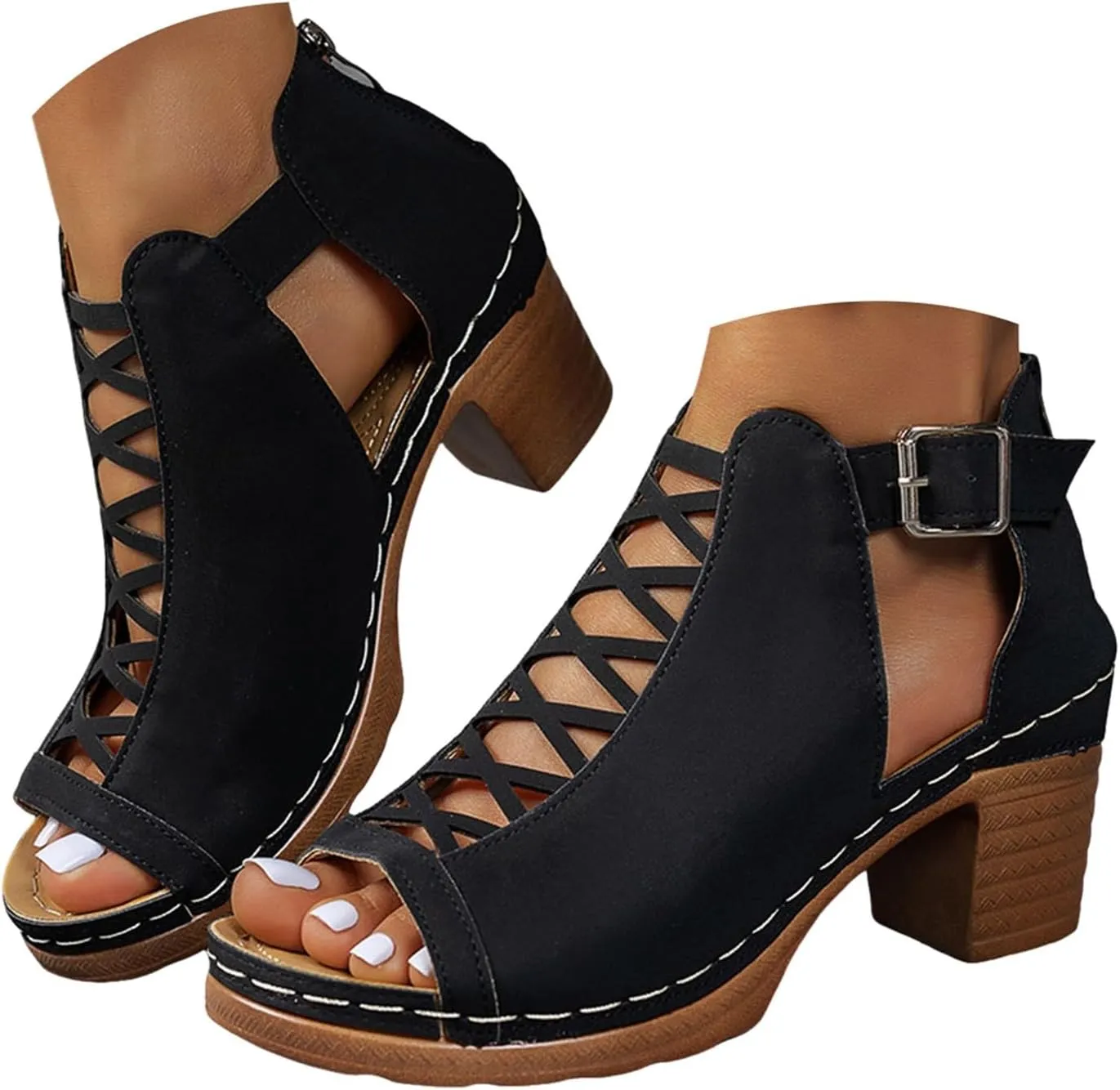 Eduavar Women's Wedge Sandals, Orthopedic Leather Peep Toe Cutout Zipper Chunky Heeled Sandals in White, Brown for Casual Wear