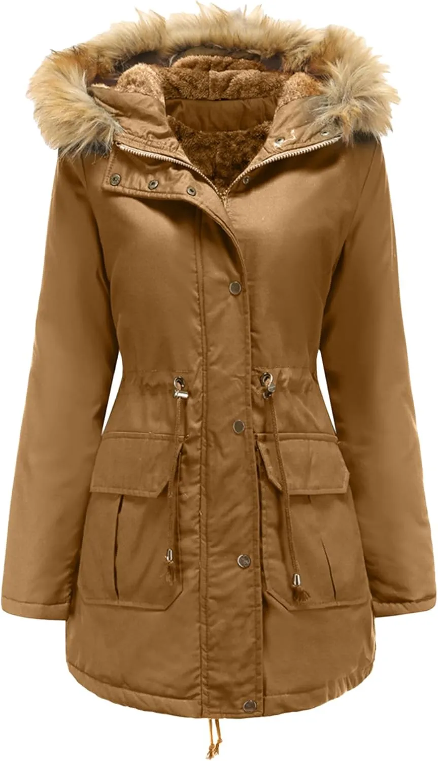 EFOFEI Women's Thicken Fleece Lined Parka Faux Fur Collar Hooded Jacket Winter Essential Medium Length Coat with Pockets