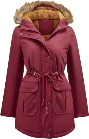 EFOFEI Women's Thicken Fleece Lined Parka Faux Fur Collar Hooded Jacket Winter Essential Medium Length Coat with Pockets