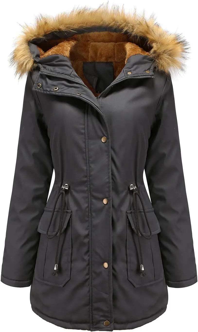 EFOFEI Women's Thicken Fleece Lined Parka Faux Fur Collar Hooded Jacket Winter Essential Medium Length Coat with Pockets
