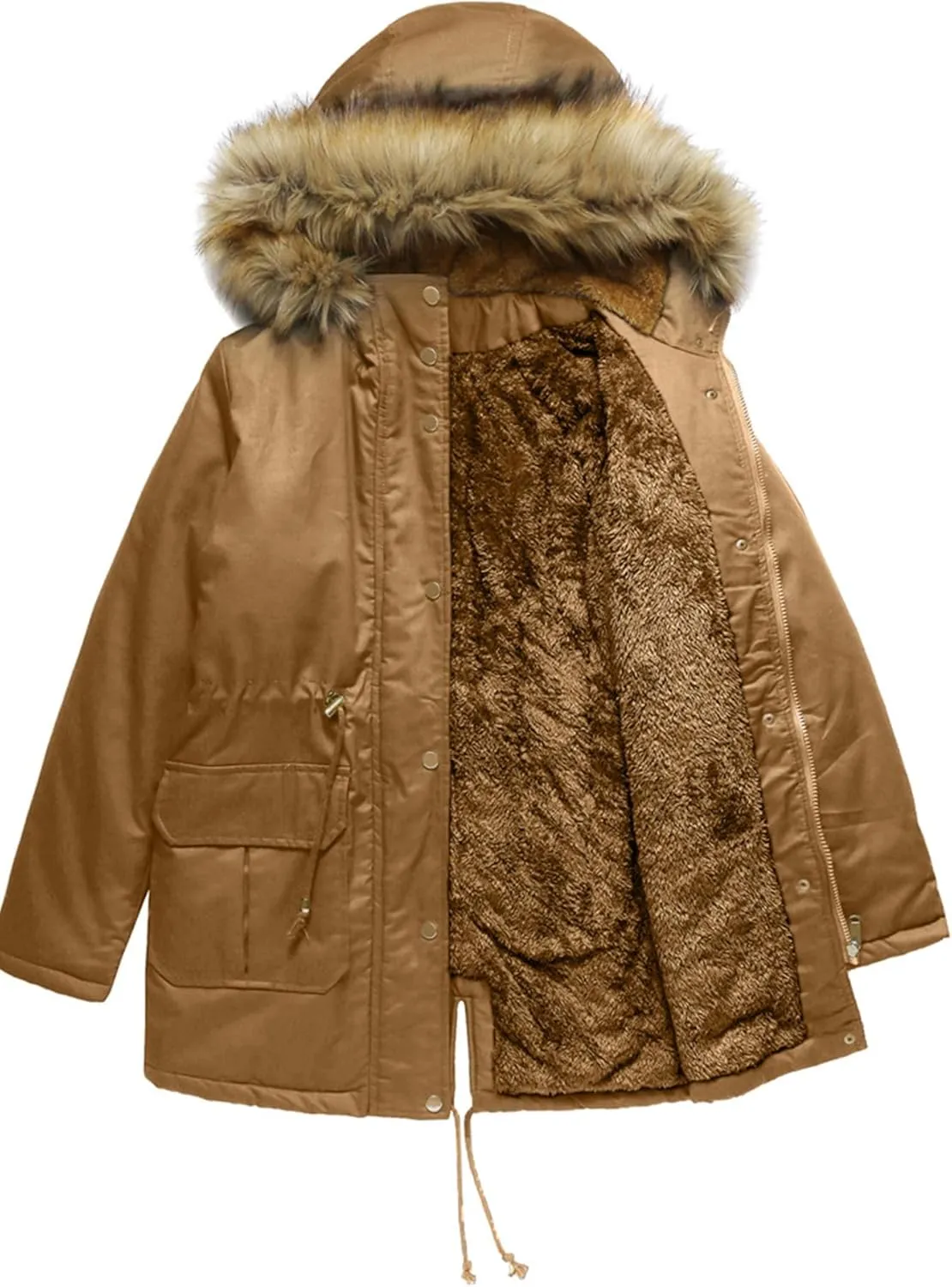 EFOFEI Women's Thicken Fleece Lined Parka Faux Fur Collar Hooded Jacket Winter Essential Medium Length Coat with Pockets