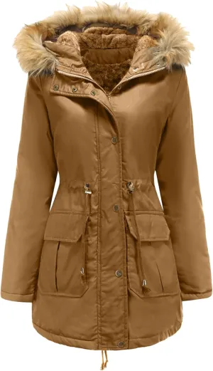 EFOFEI Women's Thicken Fleece Lined Parka Faux Fur Collar Hooded Jacket Winter Essential Medium Length Coat with Pockets